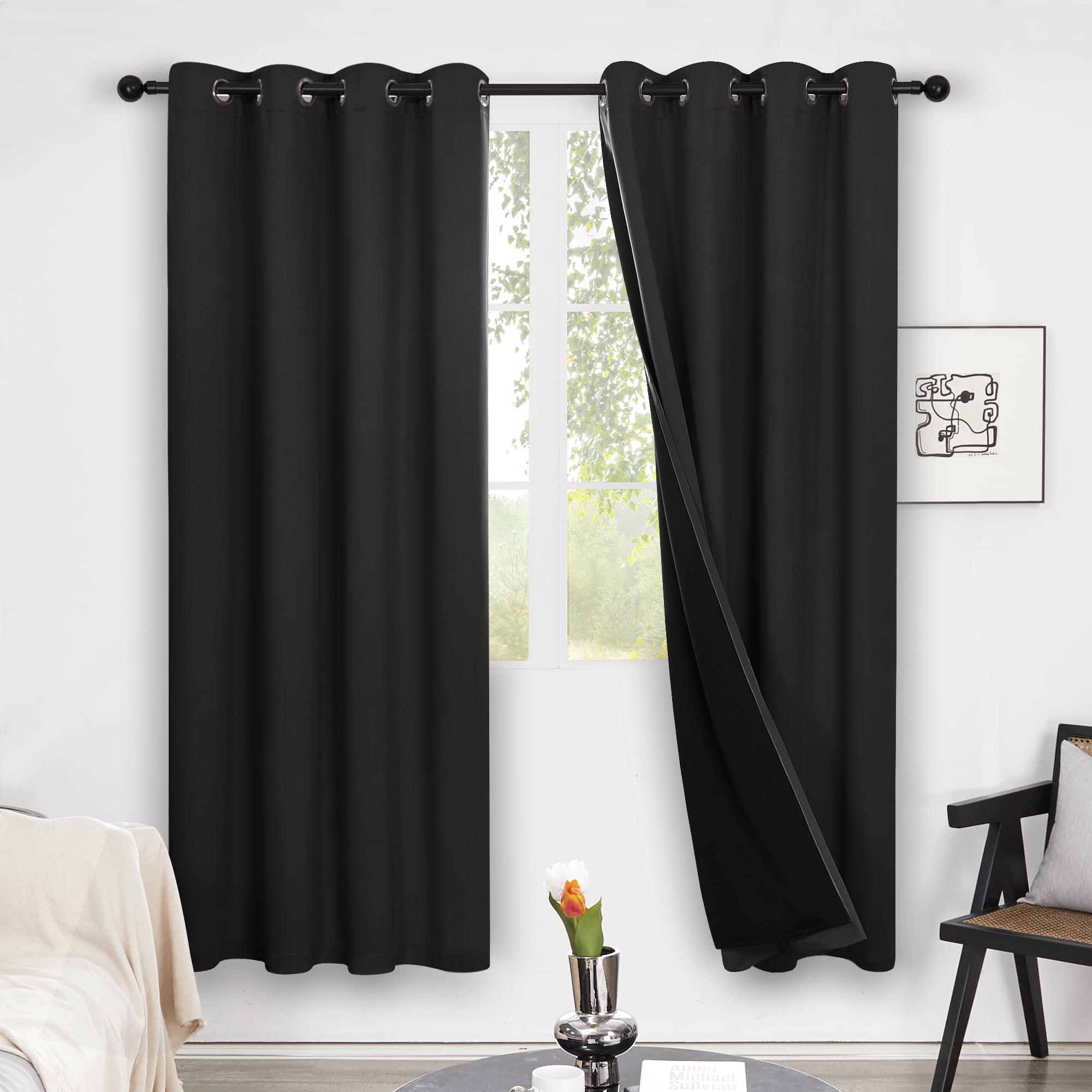 Coodeto Short Blackout Curtains Black, Set of 2, W52 x L63 - Blackout Curtains for Kitchen and Kids Bedroom