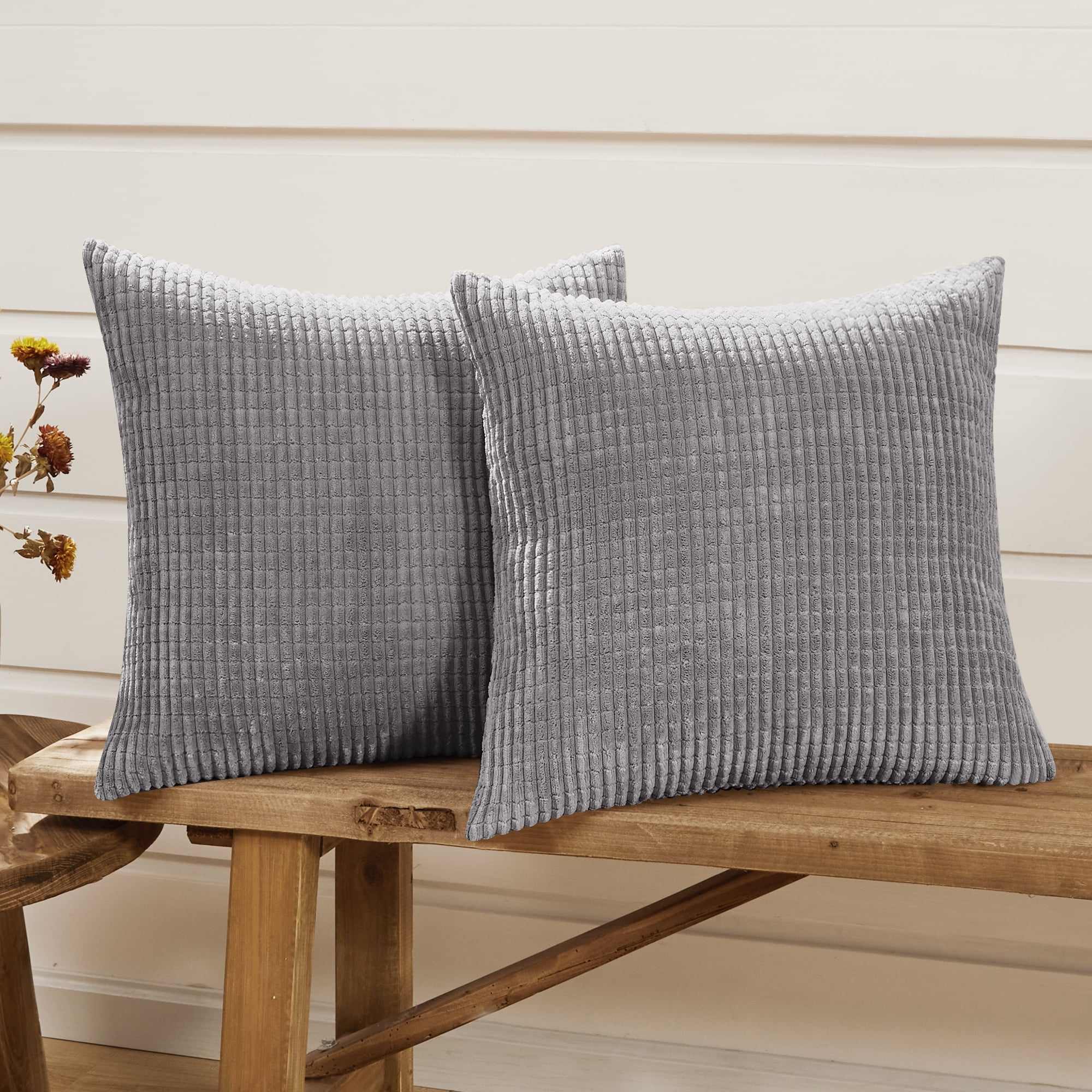Deconovo Traditional Solid Square Pillow Covers, Gray Striped Texture, 16x16 inch, Set of 2.
