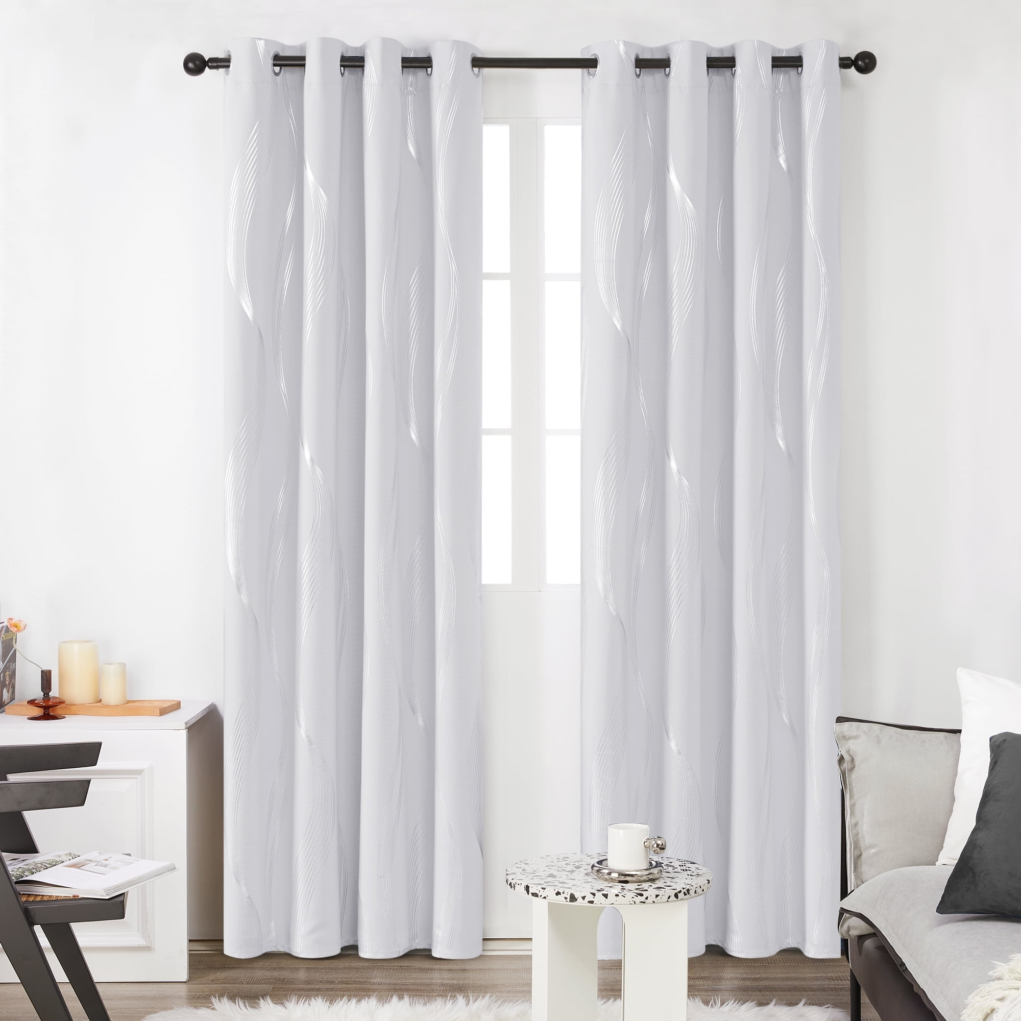 Deconovo Silver Wave Line Foil Printed Blackout Curtains Grommet Panels with 52x54 inch 1 Pair White
