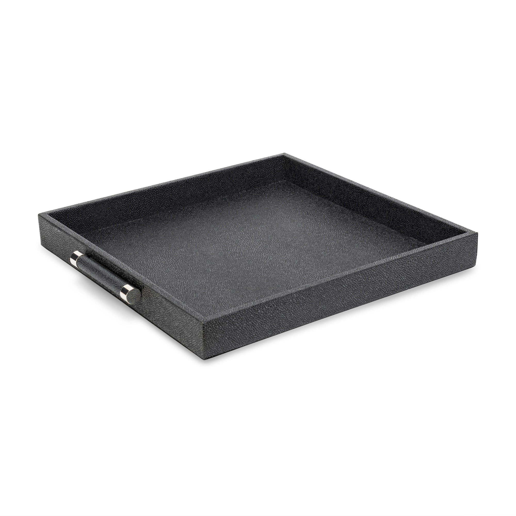Decorative Serving Tray-Black Shagreen Square with Stainless Steel Silver Handles 18.11 X 18.11 X 1.96" Polyurethane