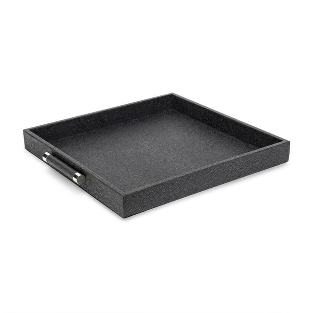 Decorative Serving Tray-Black Shagreen Square with Stainless Steel Silver Handles 18.11 X 18.11 X 1.96" Polyurethane