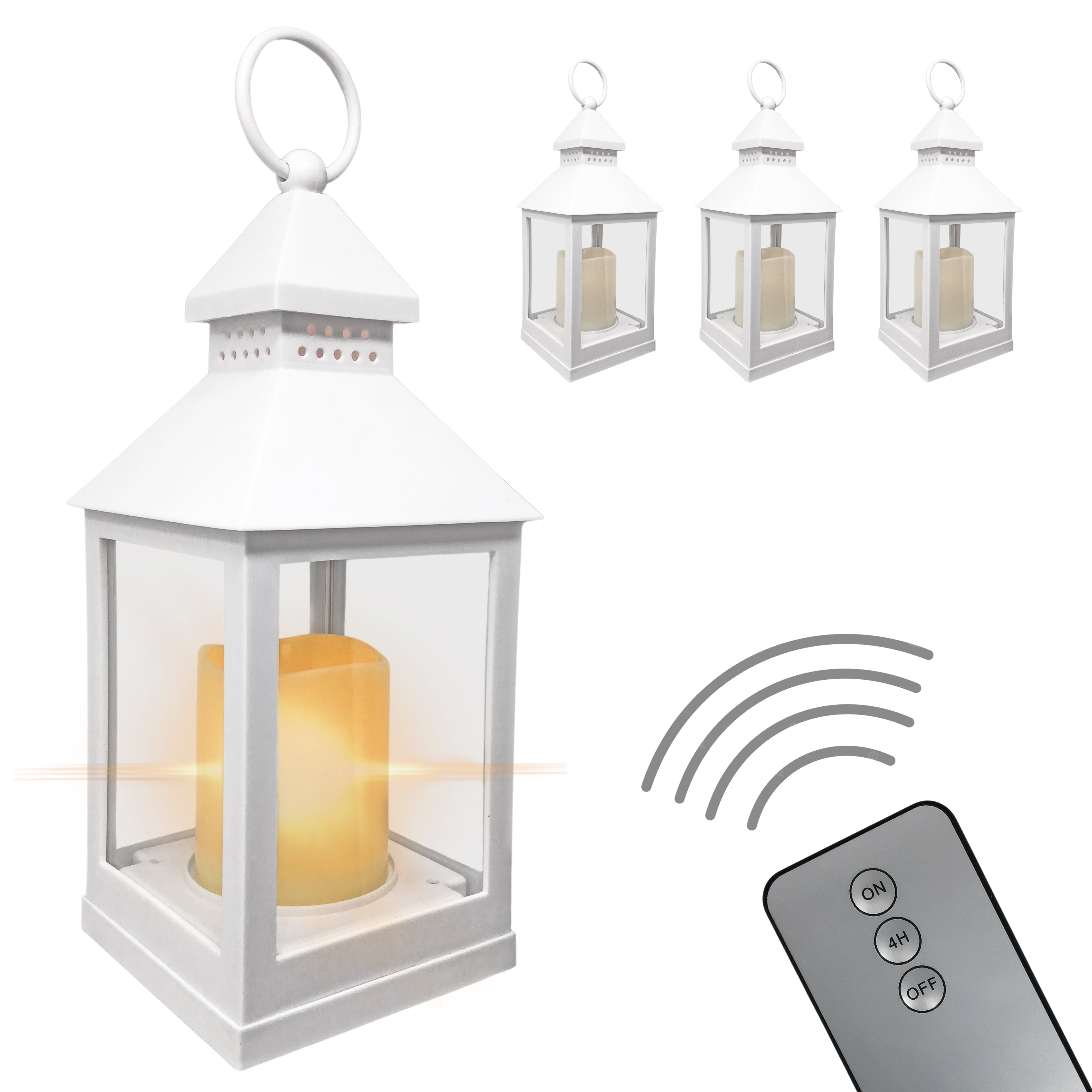 Decorative White Lanterns - Set of 4 - 4 Hour Timer - Remote – 9 3/8"H White LED Lanterns with Flameless Pillar Candles Included - Indoor/Outdoor Lantern Set- Hanging or Sitting Decoration - 9634-4W