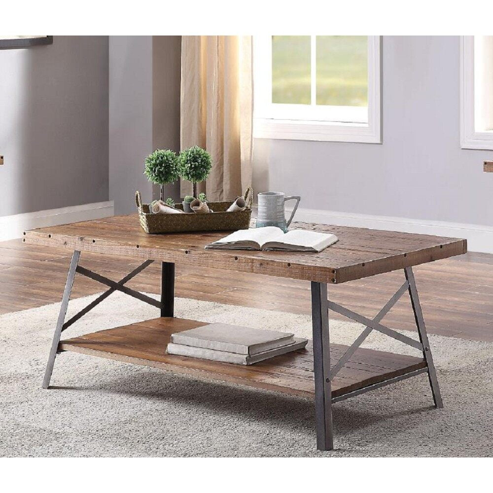 Wooden Coffee Table with X Crossed Metal Sides and Open Shelf Brown and Black - Saltoro Sherpi