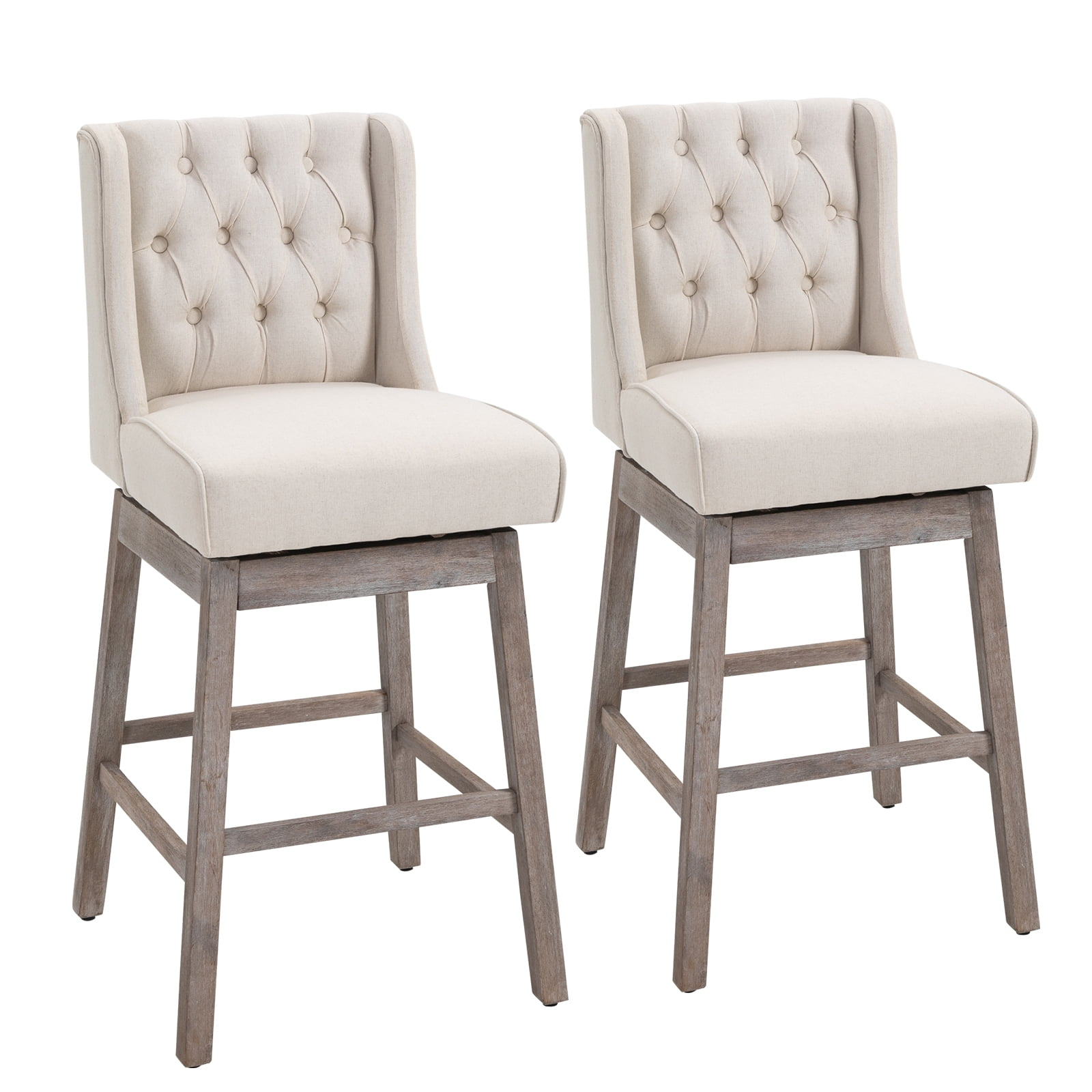 HOMCOM Counter Height Bar Stools Set of 2, 180 Degree Swivel Barstools, 27" Seat Height Bar Chairs with Solid Wood Footrests and Button Tufted Design, Beige