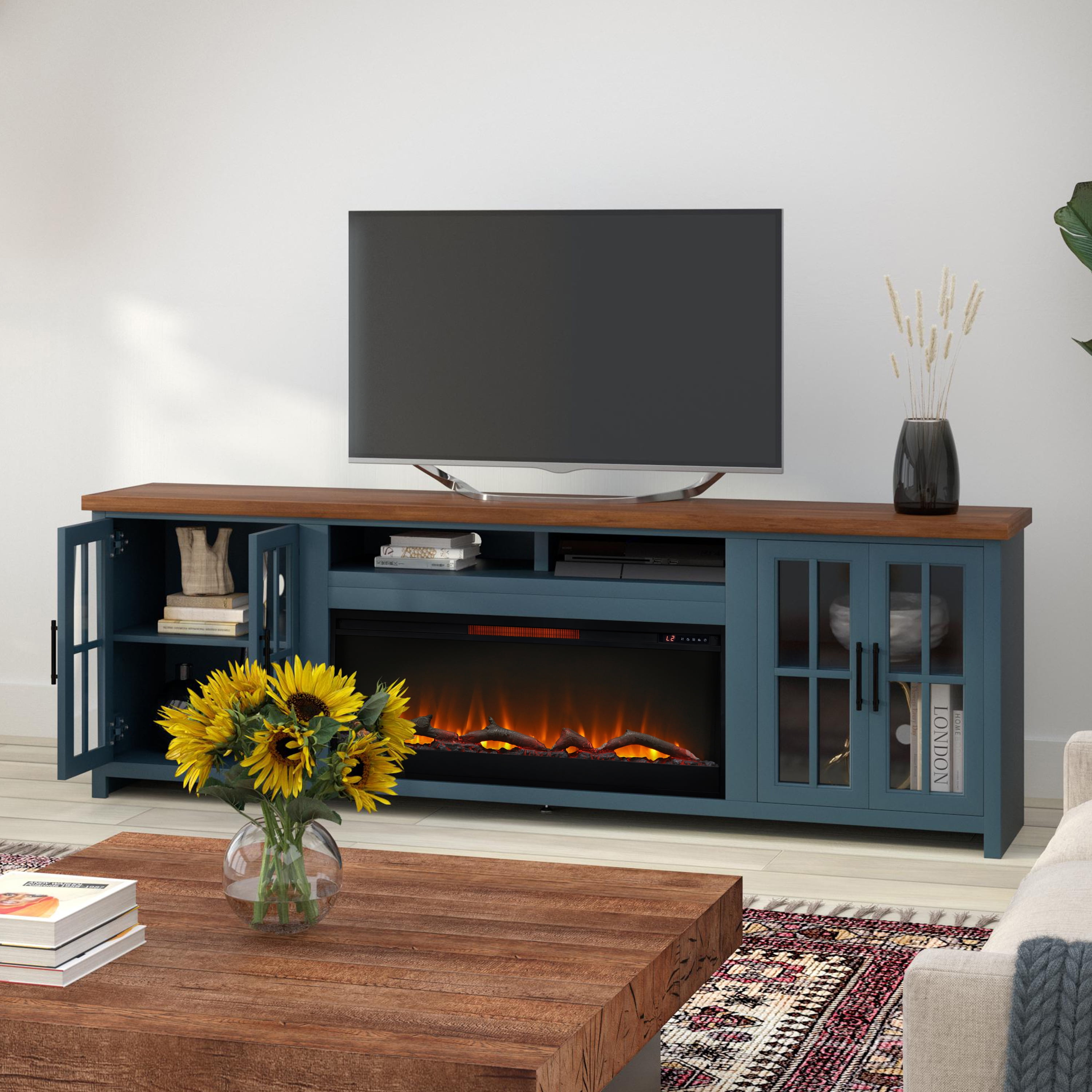 DeeHome Bridgevine Home Nantucket 97 inch Fireplace TV Stand Console for TVs up to 100 inches, Blue Denim and Whiskey Finish