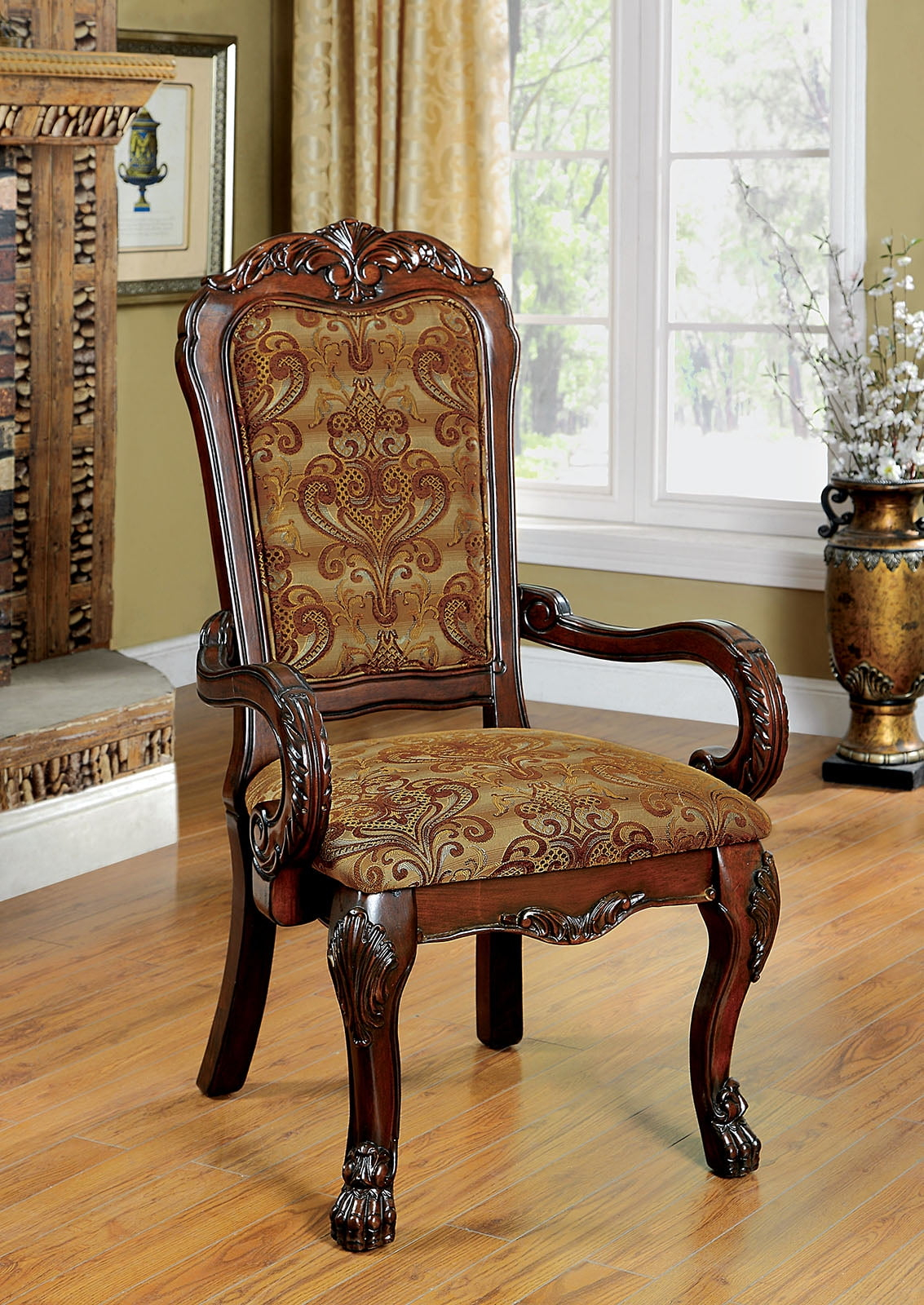 DeeHome Formal Traditional Cherry Set of 2pc Arm Chairs Dining Room Brown Damask Print Fabric Solid wood Dining Chair