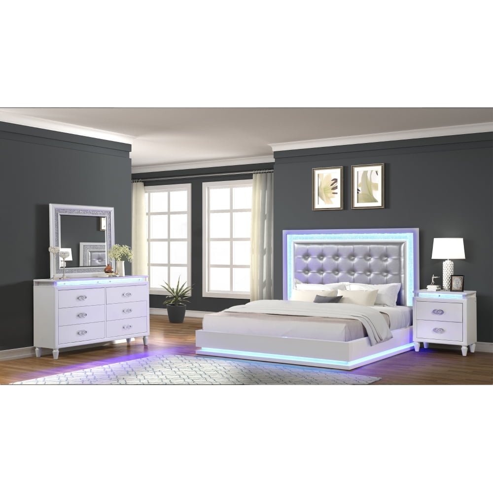 DeeHome Passion Queen 4 Pc LED Bedroom Set Made with Wood in Milky white