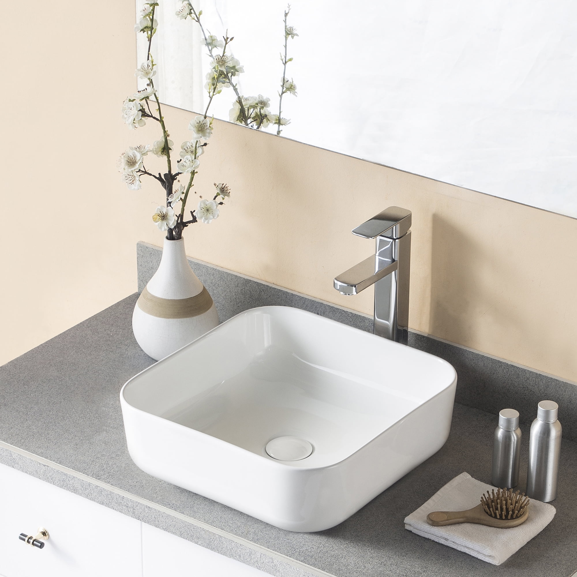 DeerValleyBath DV-1V021 Porcelain Square Bathroom Single Basins Vessel Sink Top-Mount Sinks in white
