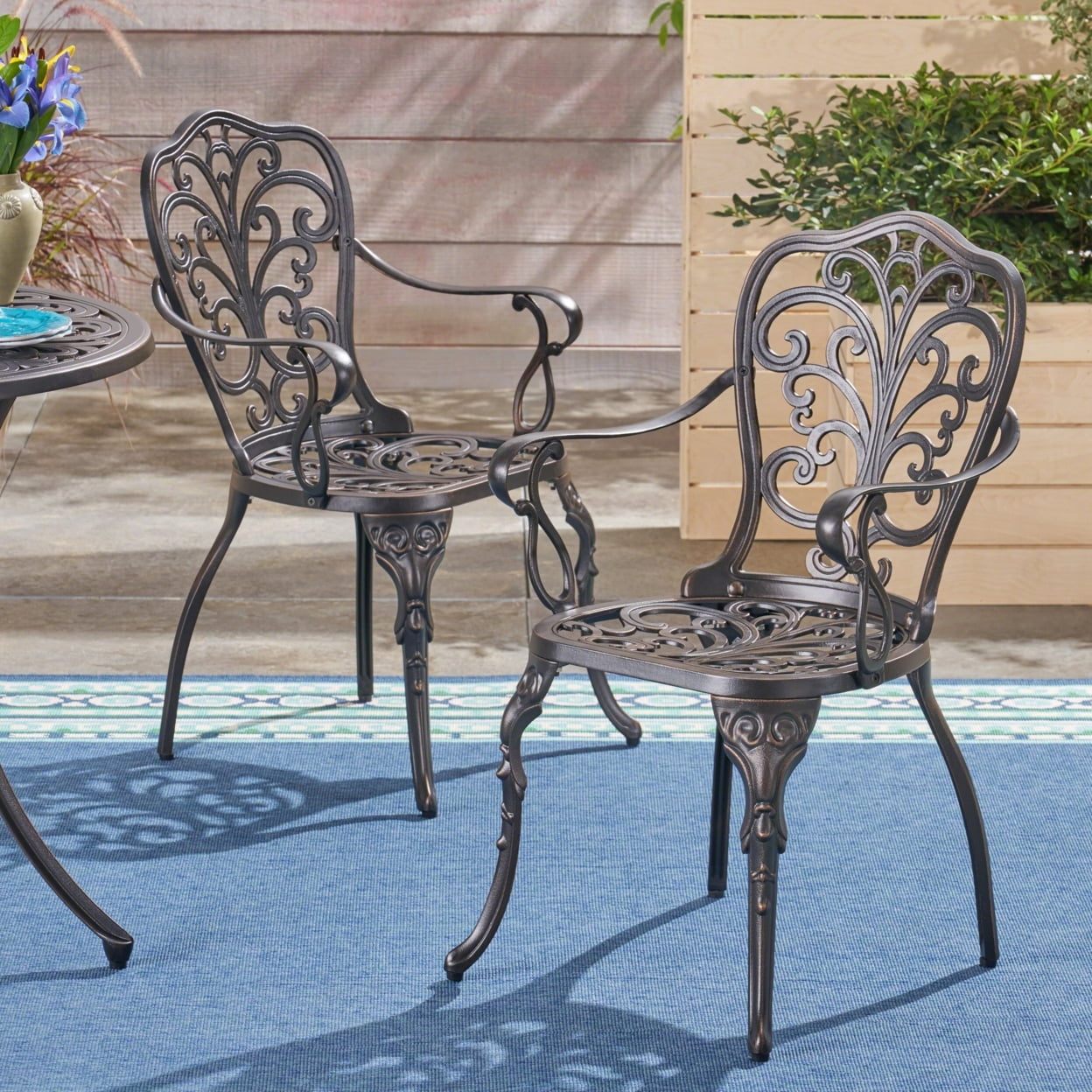 Deka Outdoor Cast Aluminum Dining Chairs, Set of 2, Shiny Copper