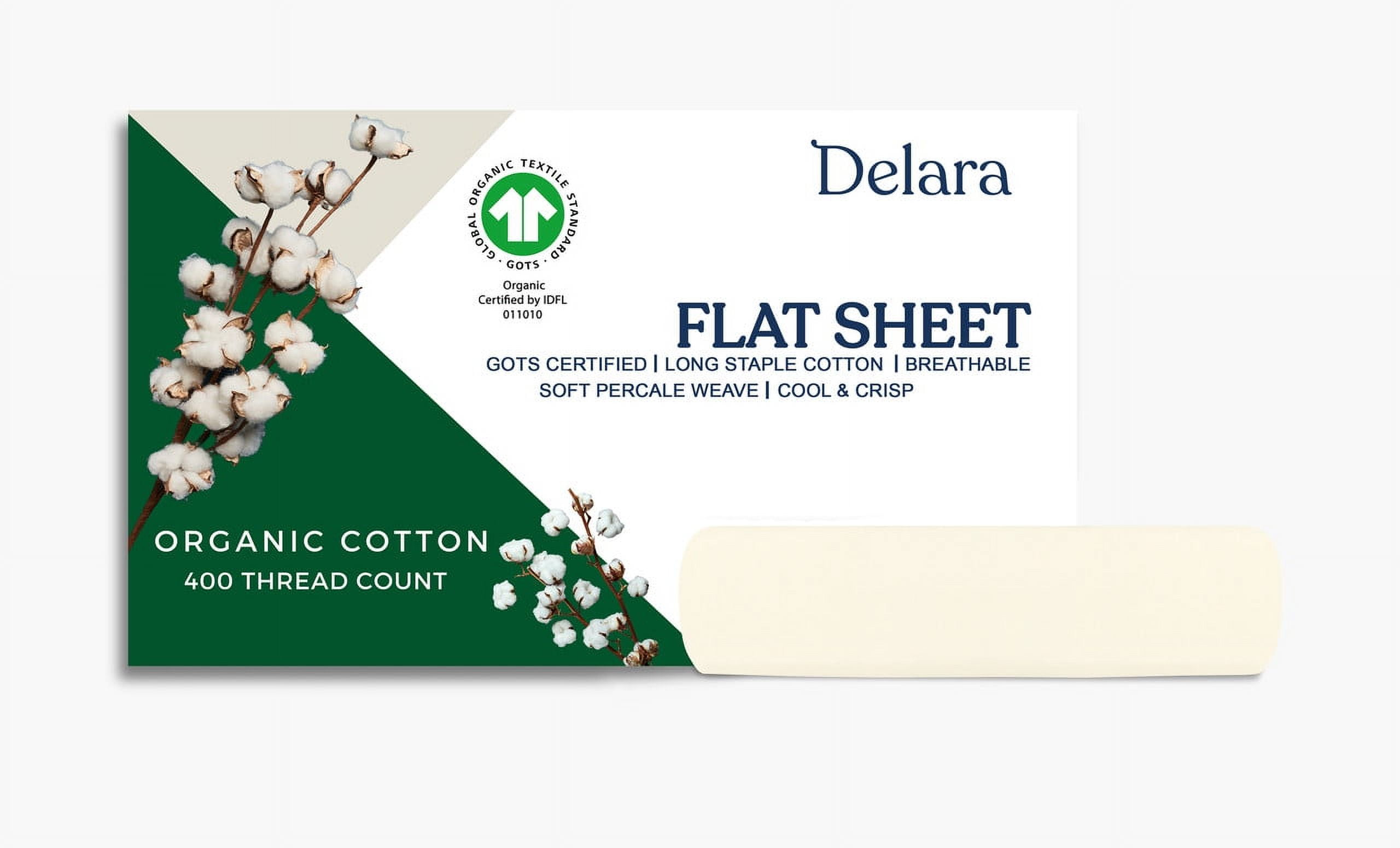 Delara Sábana de Tejido de Percal 100% Algodón Orgánico, Sábana Encimera Doble, 400 Hilos Certificados, Suave y Que Absorbe la Humedad, Ropa de Cama Transpirable de Tejido de Percal Suave y Sedoso para Mujeres, Hombres, Niños y Adolescentes