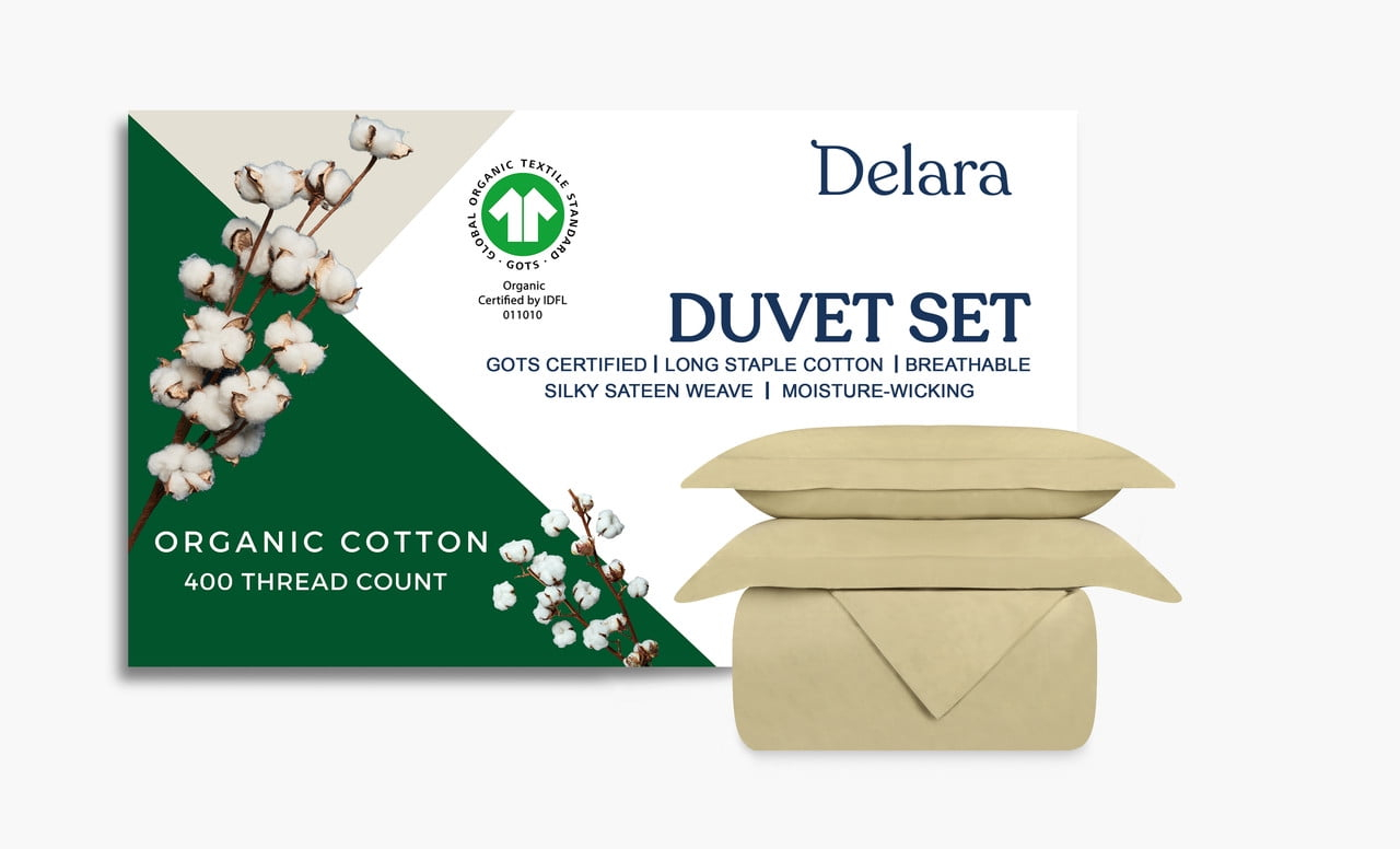 Delara GOTS Certified 100% Organic Cotton Duvet Cover Set 400TC, Ultra Soft, Silky, Moisture-Wicking, Smooth & Breathable, Duvet for Hot Sleepers with 8 Internal Ties