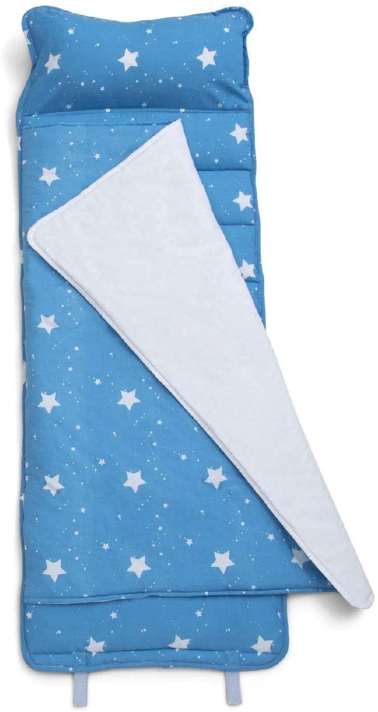 Delta Children Nap Mat with Included Pillow and Blanket for Toddlers and Kids | Features Carry Handle with Strap Closure | Rollup Design | Ideal for Preschool and Daycare, Deep Space