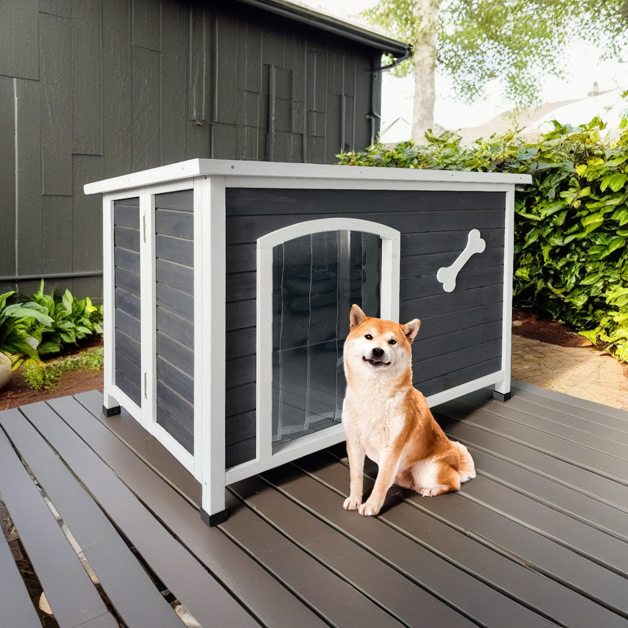 DUOSONG Large Wooden Dog House, Outdoor Waterproof Dog Cage, Windproof And Warm Dog Kennel Easy To Assemble Gray Solid Wood Pet Supplies Pens & Hutches