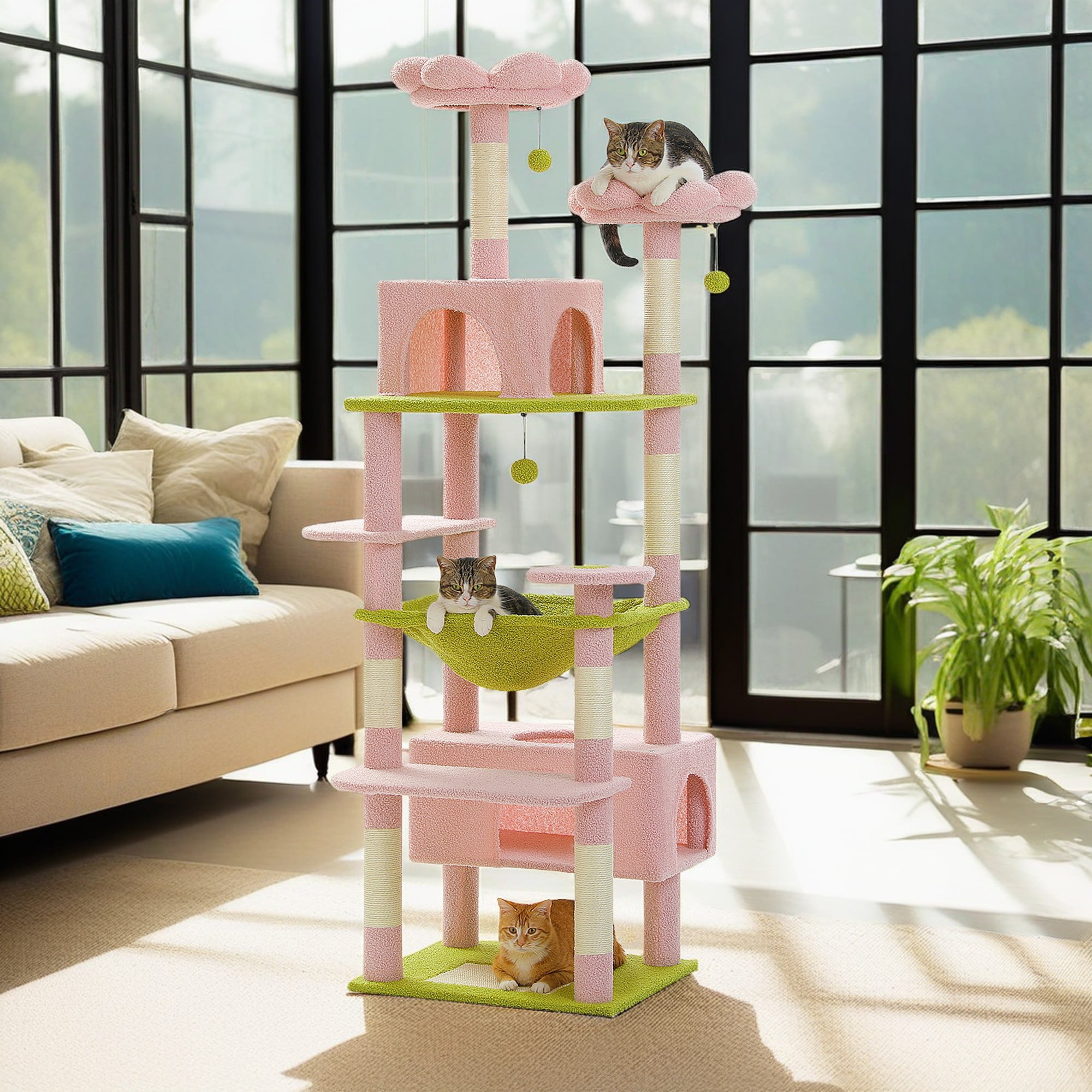 72 Inches Large Cat Tower For Large Cats, Cat Condo With Sisal-Covered Scratching Posts And Pads, 2 Padded Perch, Dual Condo And Basket