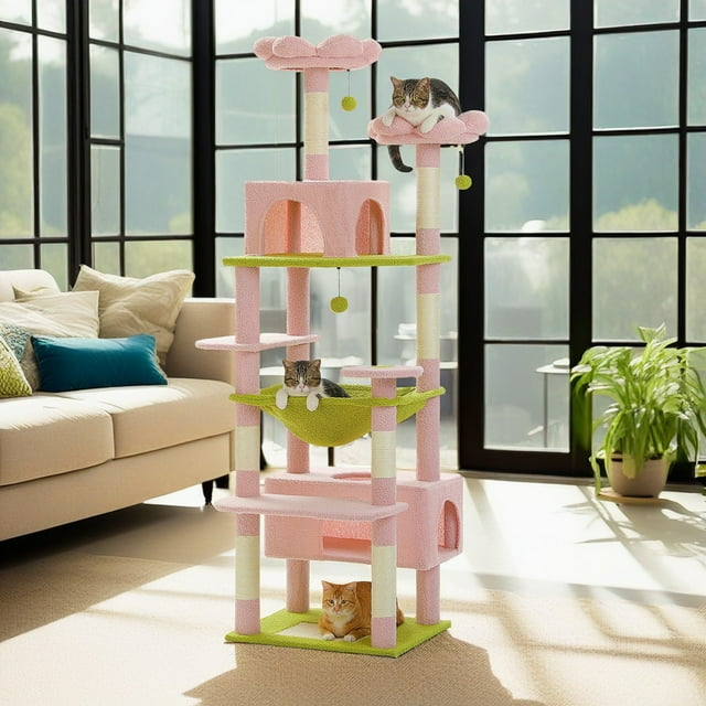 72 Inches Large Cat Tower For Large Cats, Cat Condo With Sisal-Covered Scratching Posts And Pads, 2 Padded Perch, Dual Condo And Basket