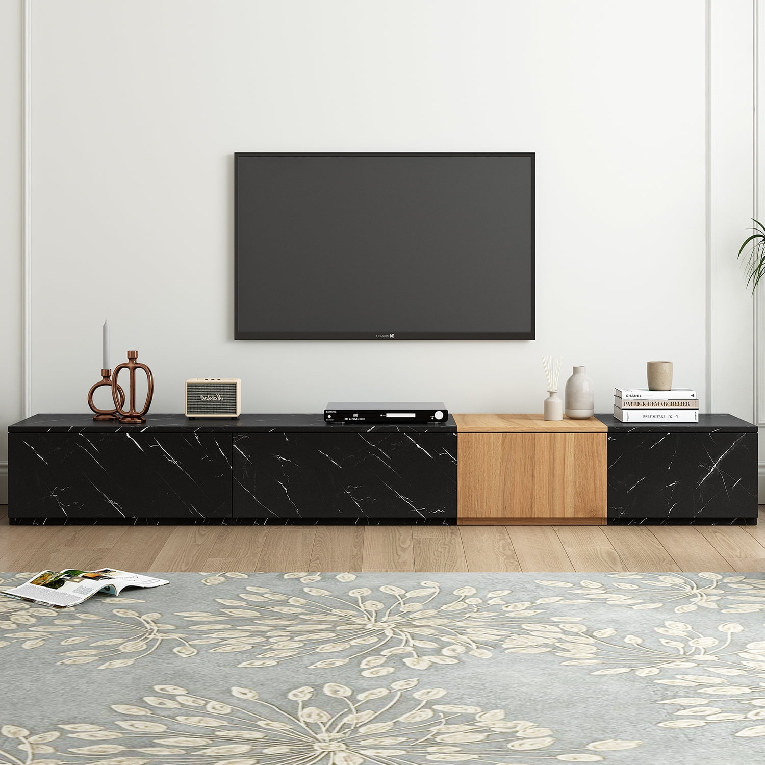 Demifill TV Stand with Faux Marble and Walnut Wood Grain Finish, Modern Free-Combination Entertainment Center with 4 Storage Drawers, TV Stand for Indoor as Living Room, Black