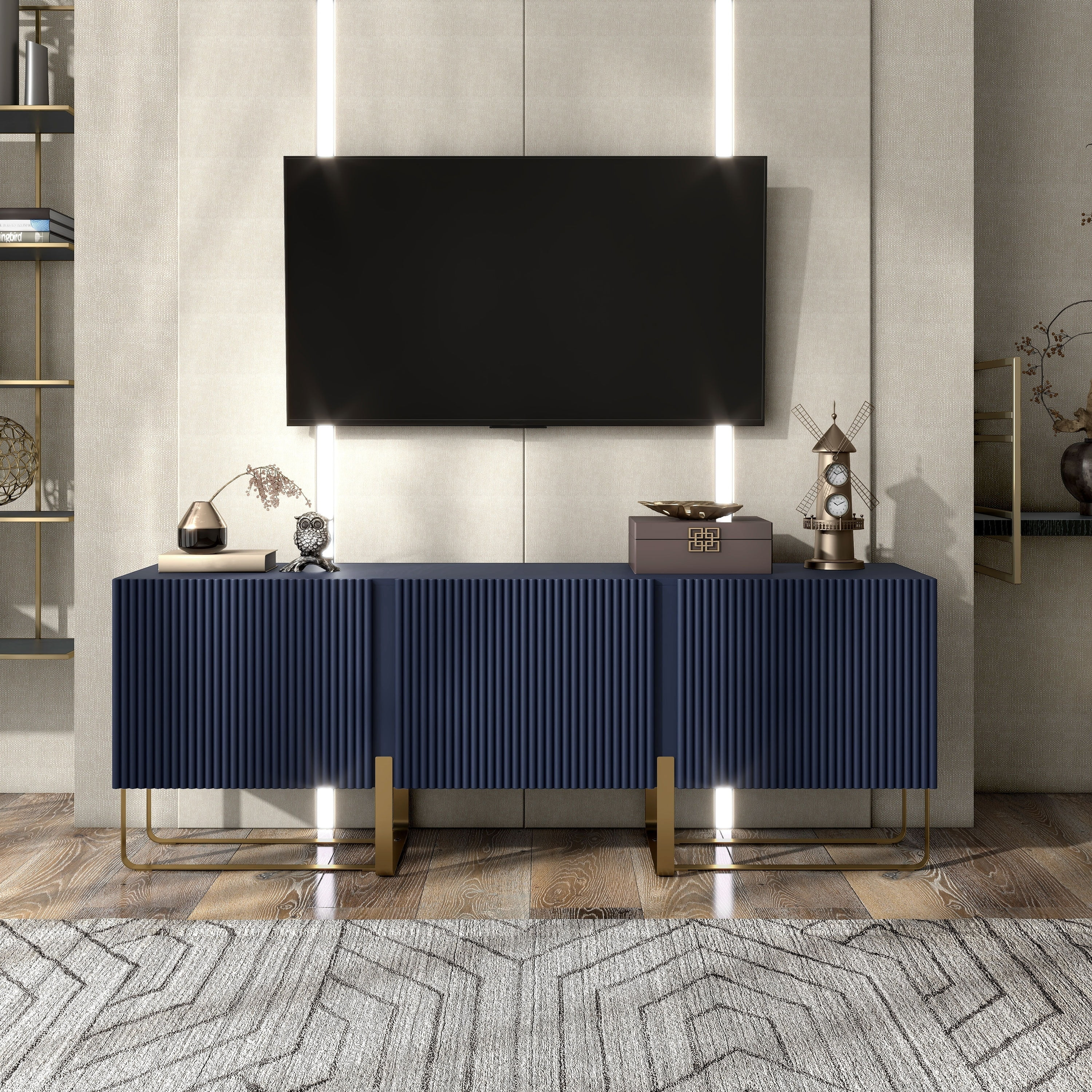 Denhour DH BASIC Modern 60-inch 3-Door Storage TV Stand by  Indigo Blue/Gold