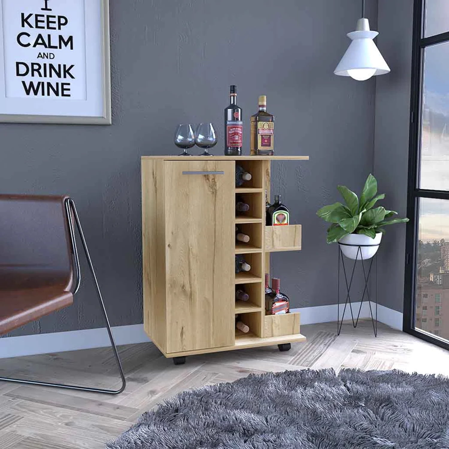 Depot E-Shop DE-BLD6542 Magda Bar Cart, Light Oak