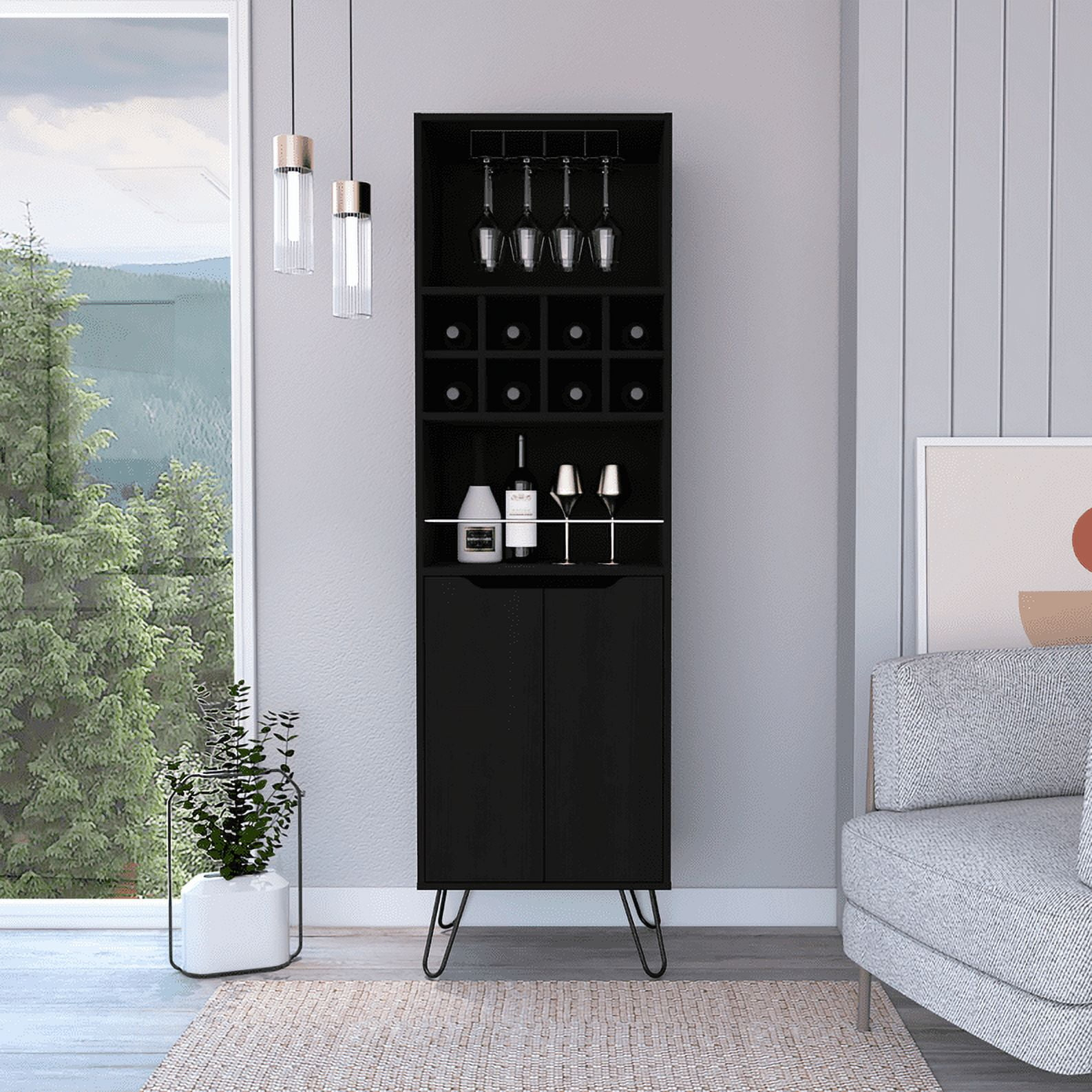 Bar Double Door Cabinet 8 Built in Wine Rack 4 Legs 4 Shelves Black