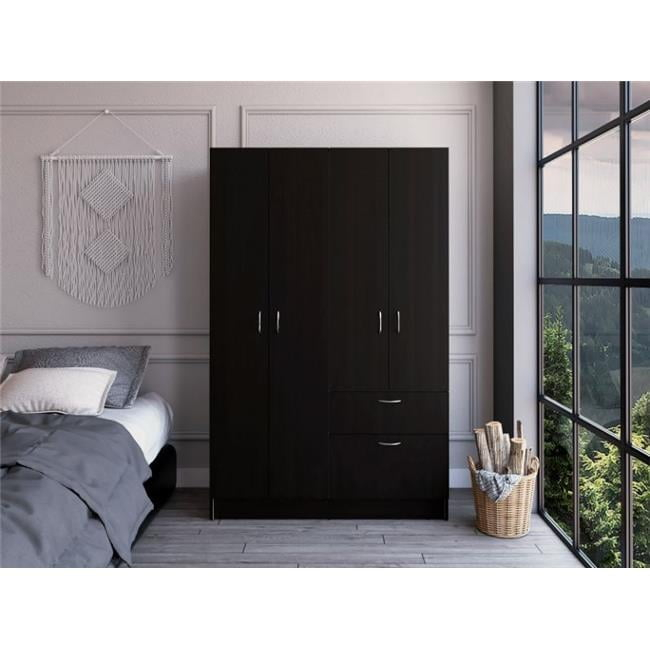 Depot E-Shop Itaca Armoire with 2 Double Door Cabinets, Drawer, 5 Interior Shelves, Lower Cabinet, and Hanging Rod, Black / White