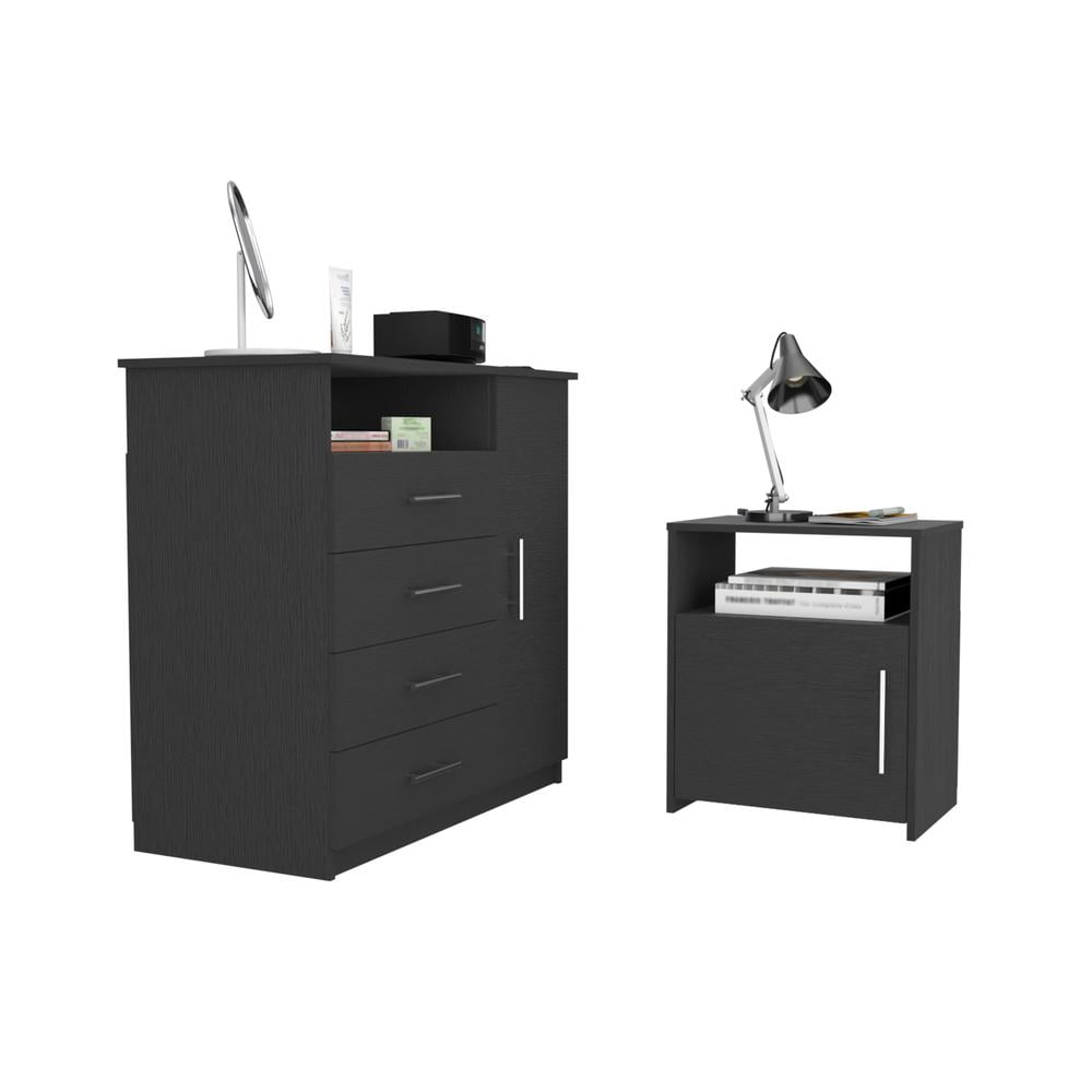 Depot E-Shop Maine 2 Piece Bedroom Set, Rioja 4 Drawer Dresser + Omaha Nightstand, Black