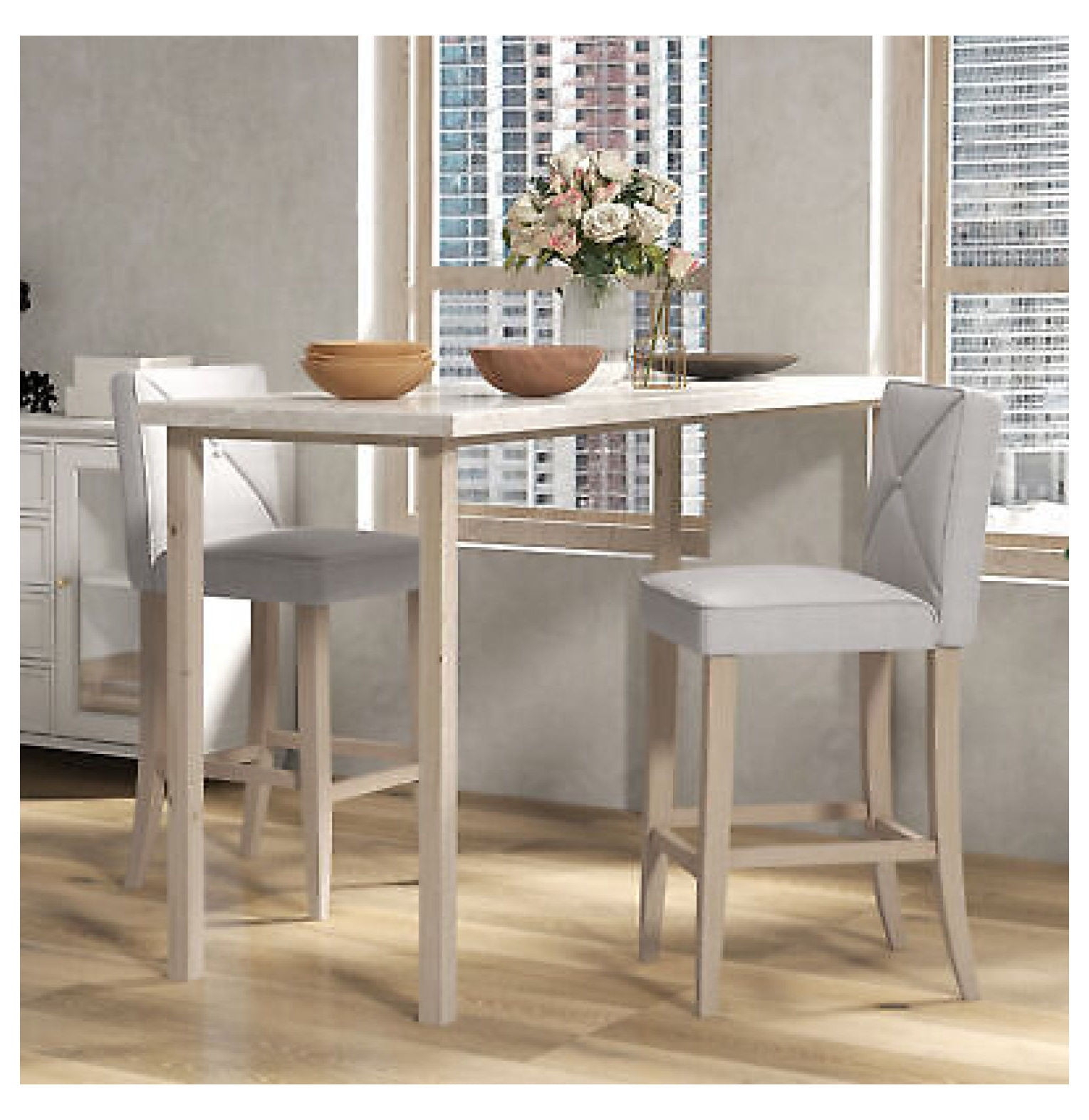 Depot Esh 2 PCs Bar Stools Dining Chair w/ Footrest, Solid wood leg Home Pub,Beige