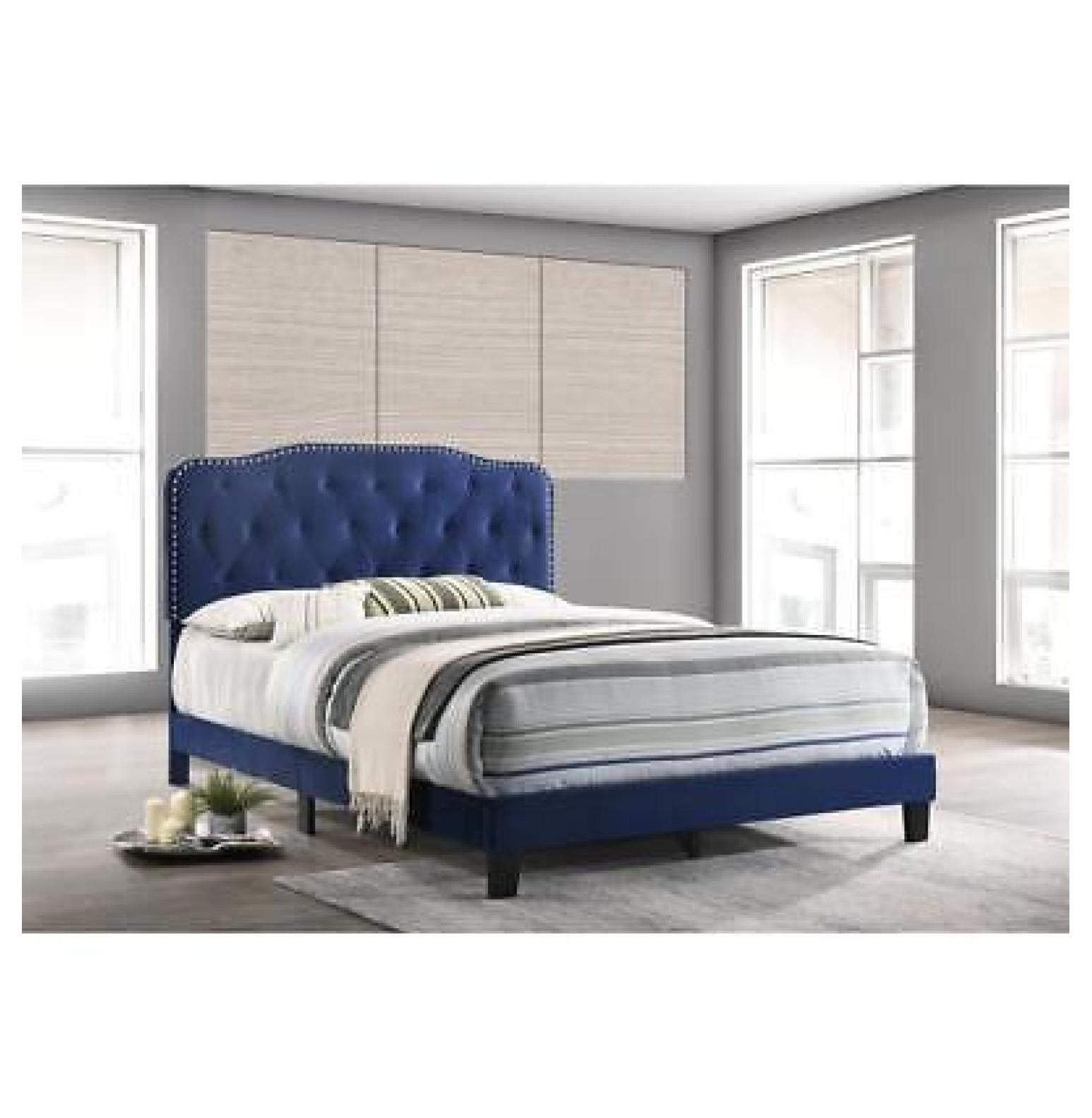 Navy Velvet Upholstered Panel Bed with Silver Nailhead - Queen
