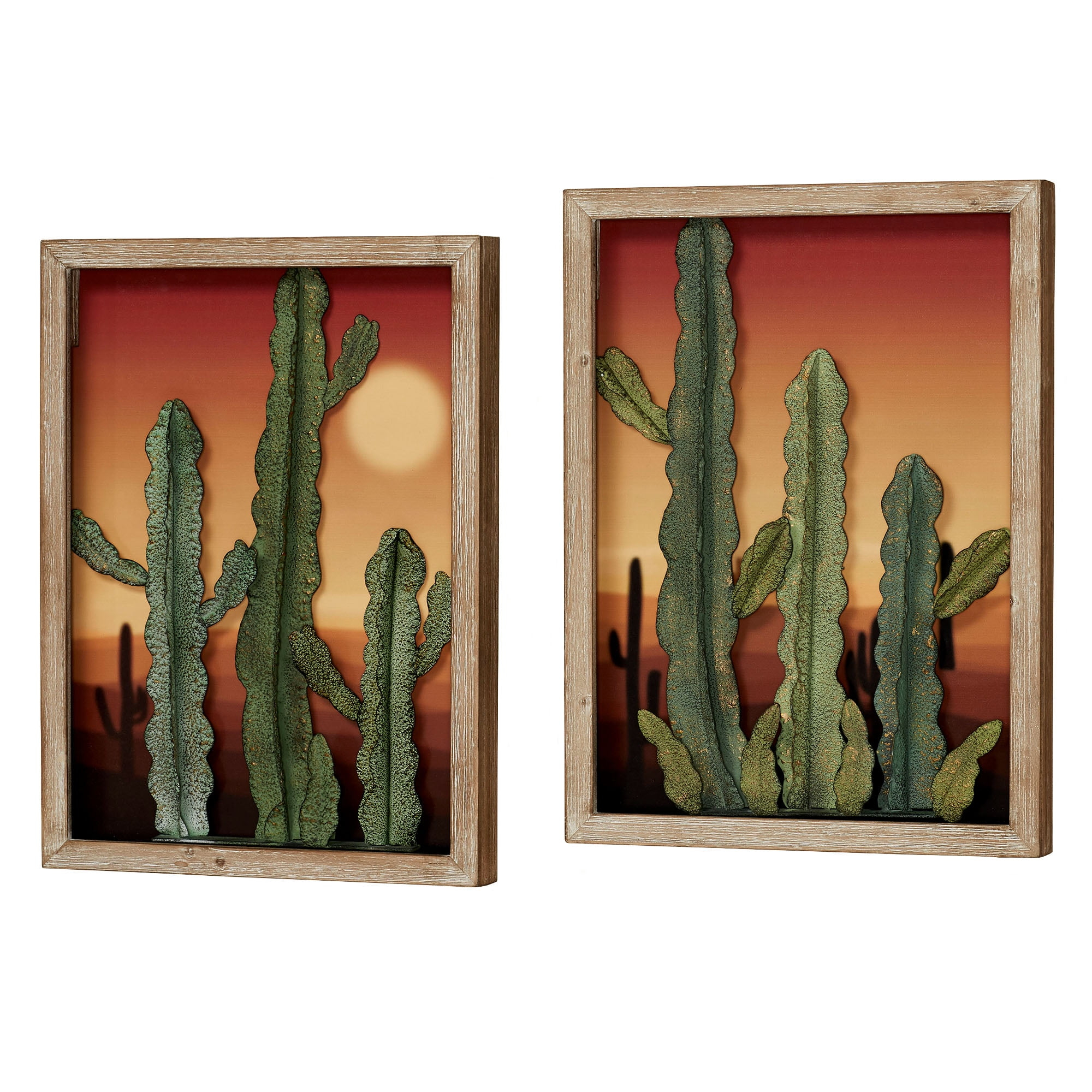 Desert at Sunset Southwest Cactus Wall Art Set of Two, 3D Metal Cacti in Front of Majestic Desert Print, Each Panel is 21 by 16 Inches, 2 Inch Depth Set of 2