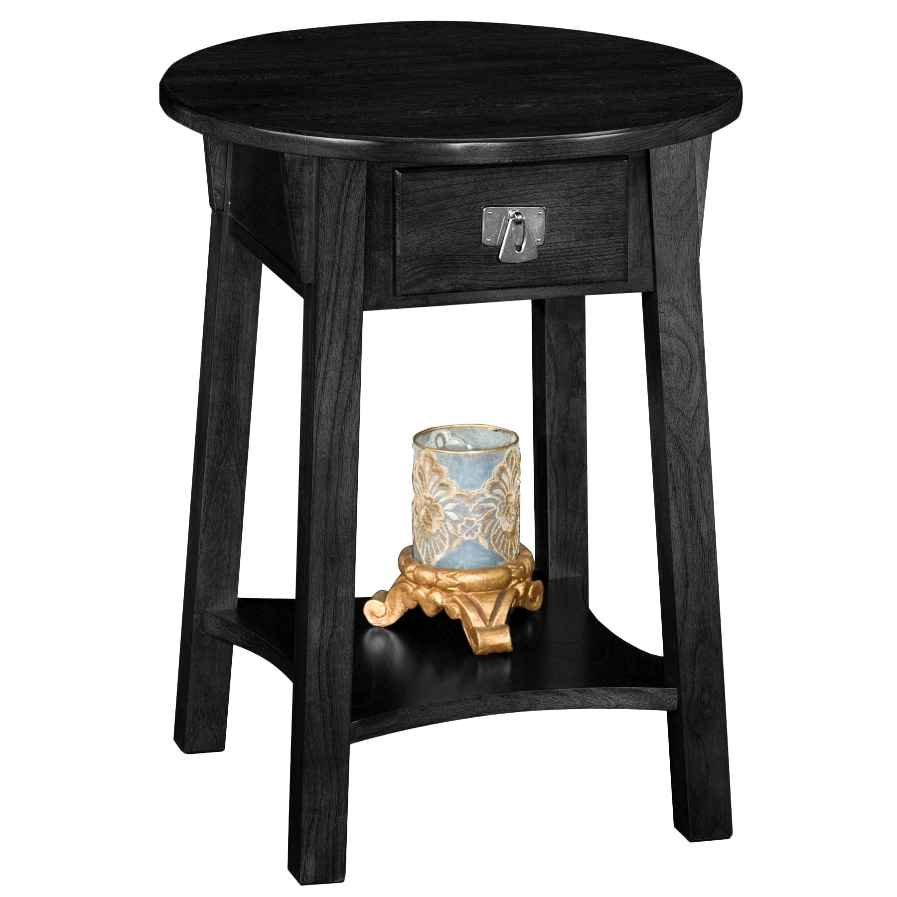 Leick Home 10032-RS Mission Round End Table with Drawer, Made with Solid Wood, Side Table for Living Room, Bedroom, and Office, Slate Black Finish