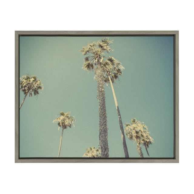 DesignOvation Sylvie Palm Trees in Lajolla Framed Canvas Wall Art By Shawn St. Peter, 18x24 Gray, Coastal Beach-Inspired Home Decor