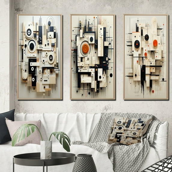Designart "Abstract Urban Vision Black and White III" Modern Geometric Framed Wall Art Set Of 3 - Black Abstract Frame Canvas Set For Living Room Decor