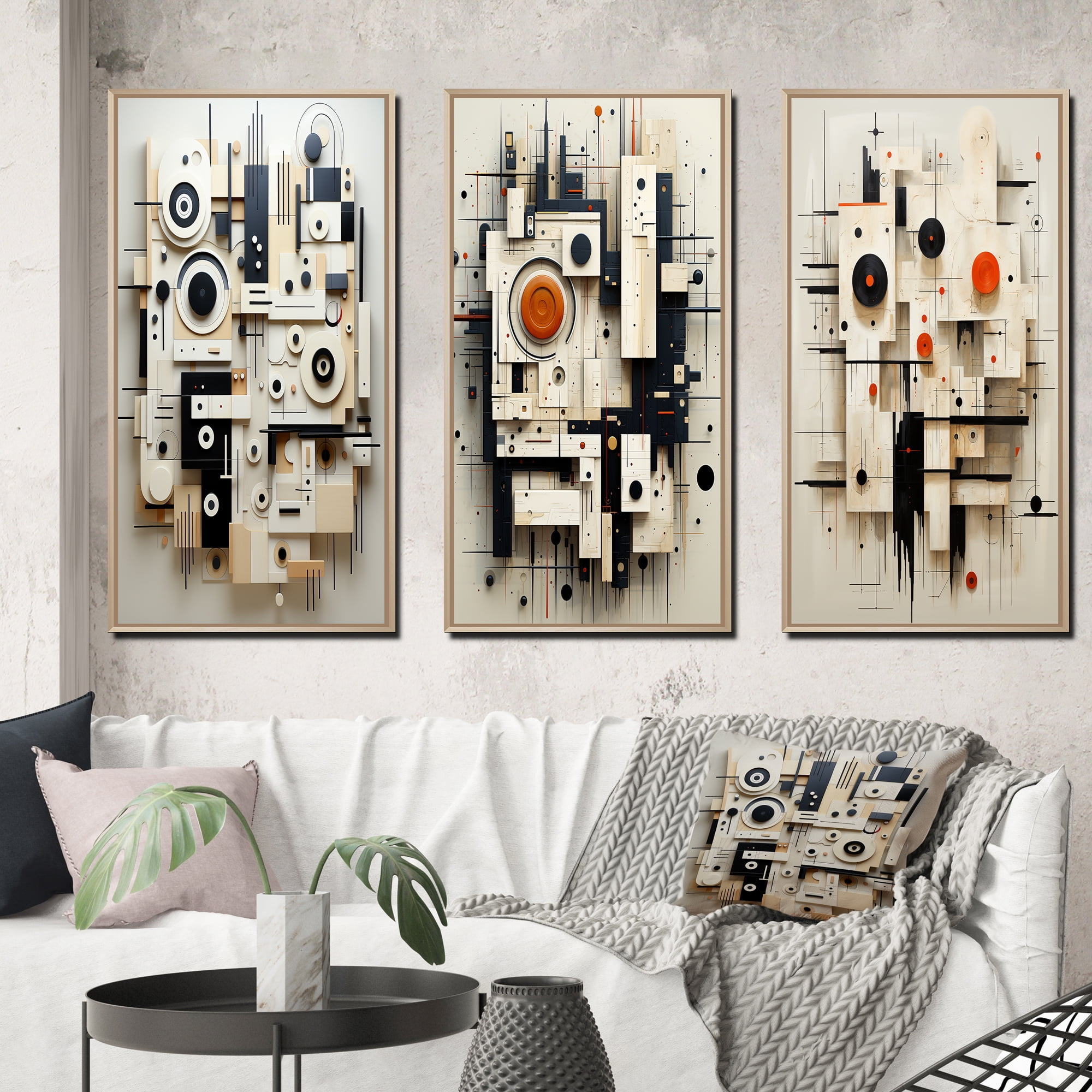 Designart "Abstract Urban Vision Black and White III" Modern Geometric Framed Wall Art Set Of 3 - Black Abstract Frame Canvas Set For Living Room Decor