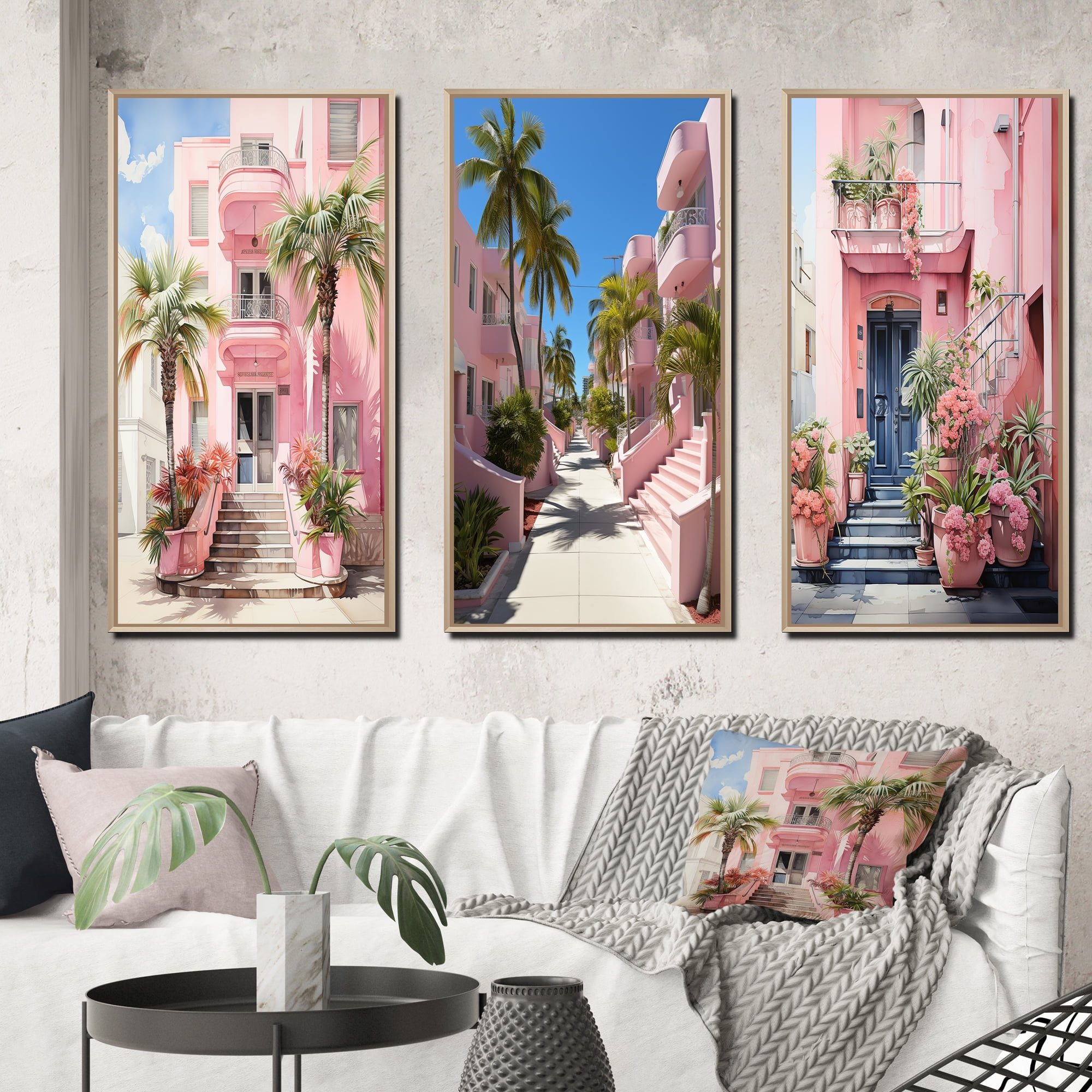 Designart "Artful Facades Exploring Pink Miami II" Floral Framed Wall Art Set Of 3 - Pink Miami Frame Canvas Set For Living Room Decor