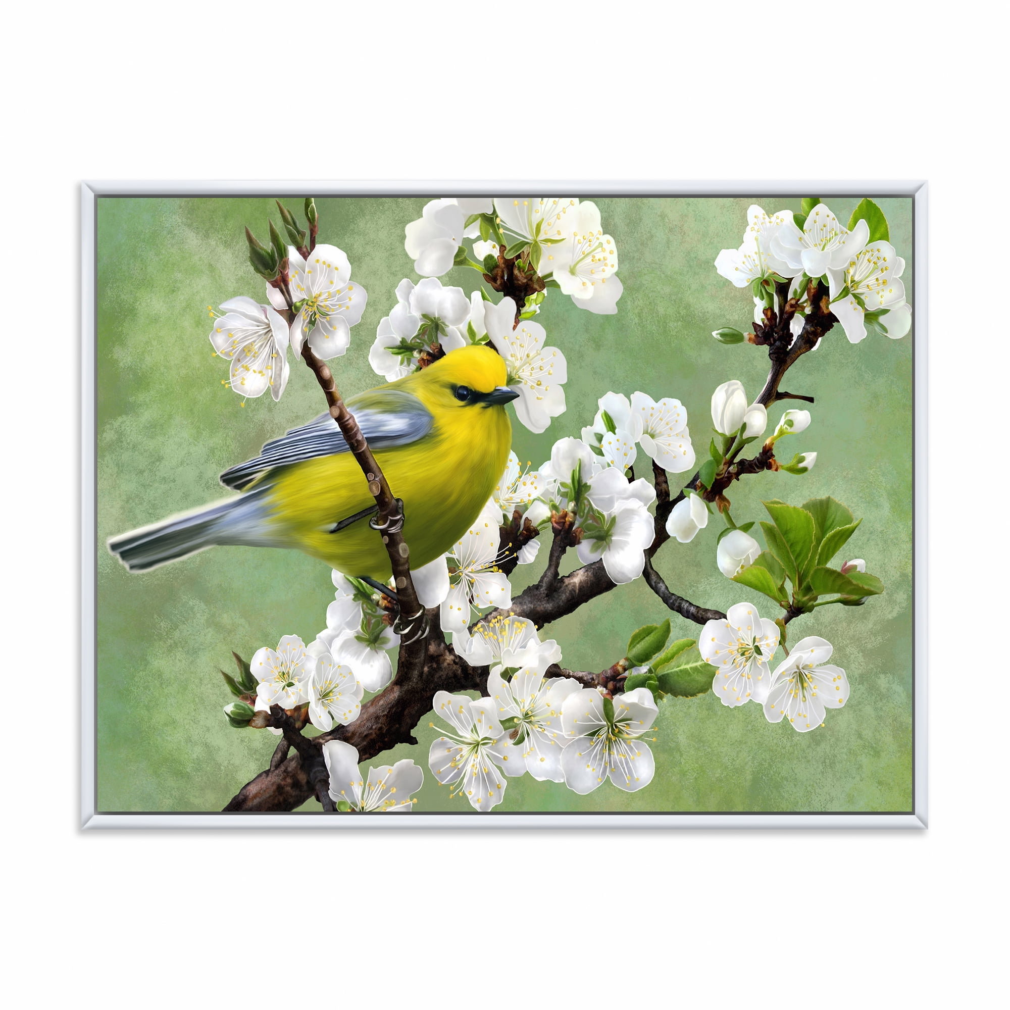Designart 'Bird Sitting On A Branch of Cherry' Traditional Framed Canvas Wall Art Print