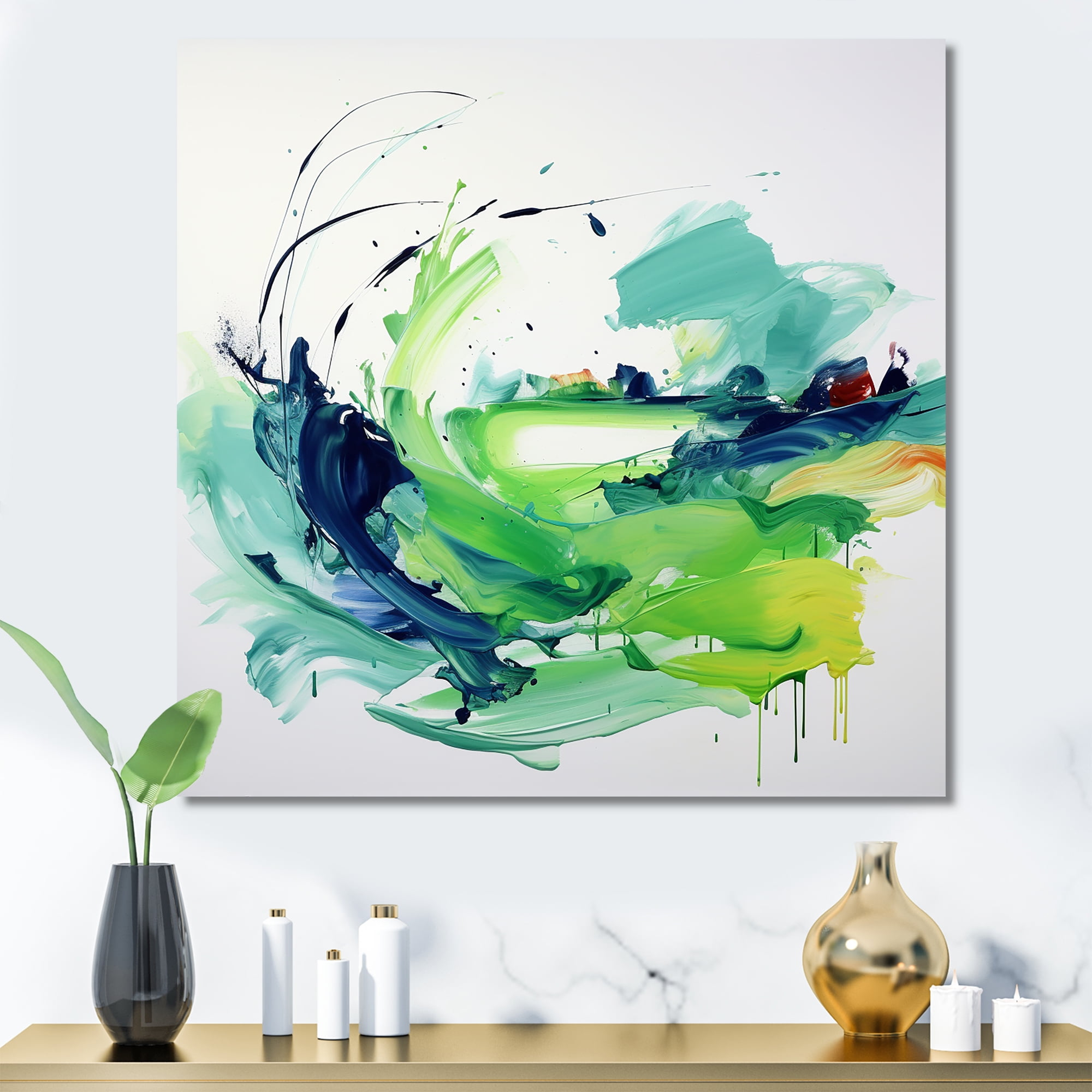 Designart "Expression of White and Green Abstract Ink III" Abstract Wall Art - Modern Green Abstract Painting Entryway Wall Art