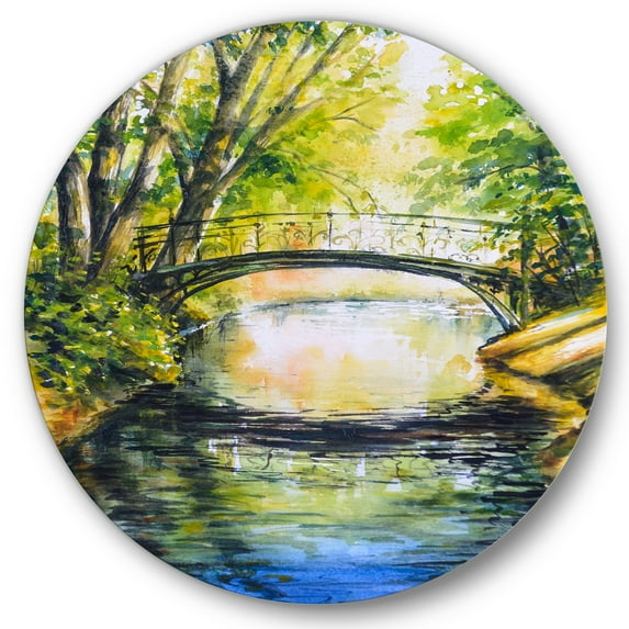 Designart 'Forest Park With Bridge Over Troubled Water' Lake House Circle Metal Wall Art 29x29 - Disc of 29