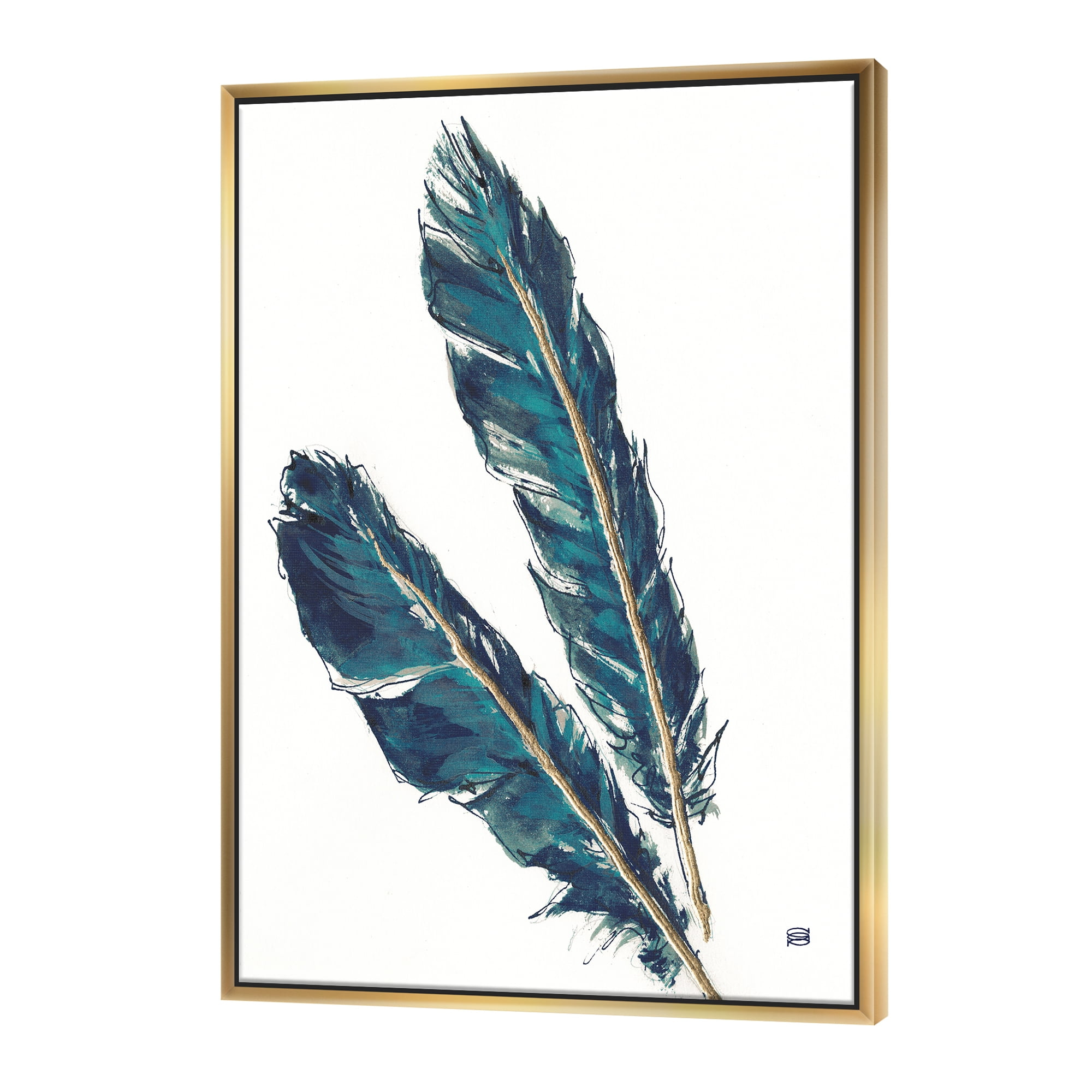 Designart ' Gold Indigo Feathers III ' Modern Bohemian Framed Canvas