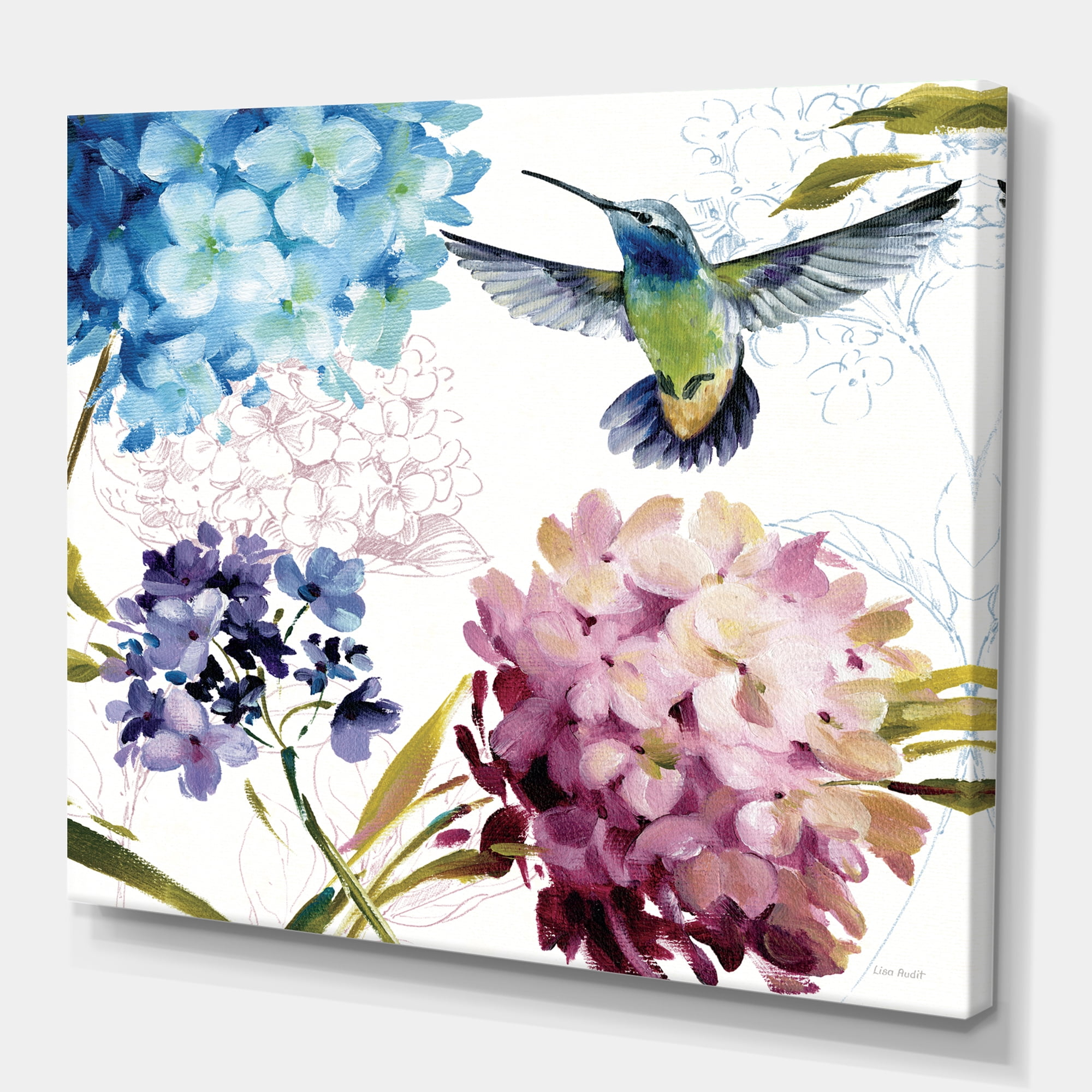 Designart 'Humming bird Blue Cottage Flower' Farmhouse Canvas Artwork