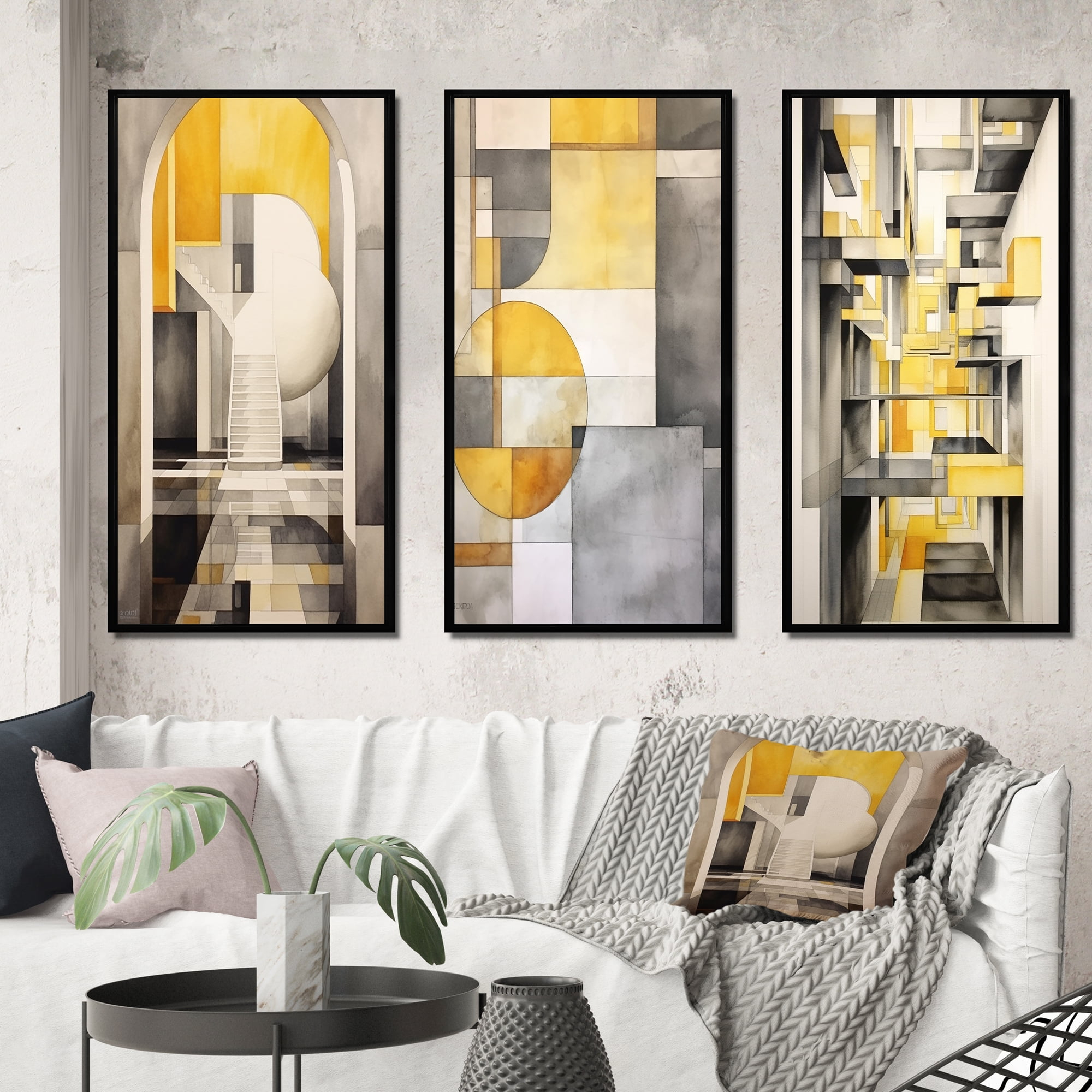 Designart "Intersecting Realities in Yellow and Grey III" Abstract Shapes Framed Wall Art Set Of 3 - Yellow Shapes Frame Canvas Set For Living Room Decor