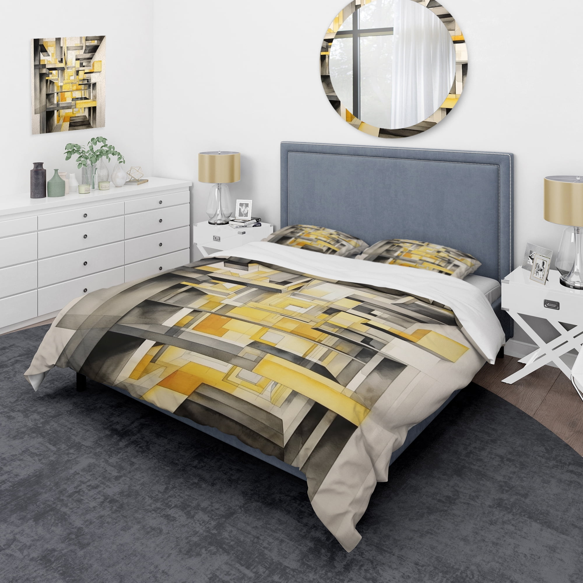 Designart "Intersecting Realities in Yellow and Grey II" Abstract Shapes Bedding Covert Set - Abstract Yellow Modern Bed Set With 2 Shams