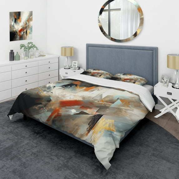 Designart "Mixed Colors Abstract Orange and Blue IV" Minimalism Bedding Covert Set - Abstract Minimalism Cream Abstract Bed Set With 2 Shams