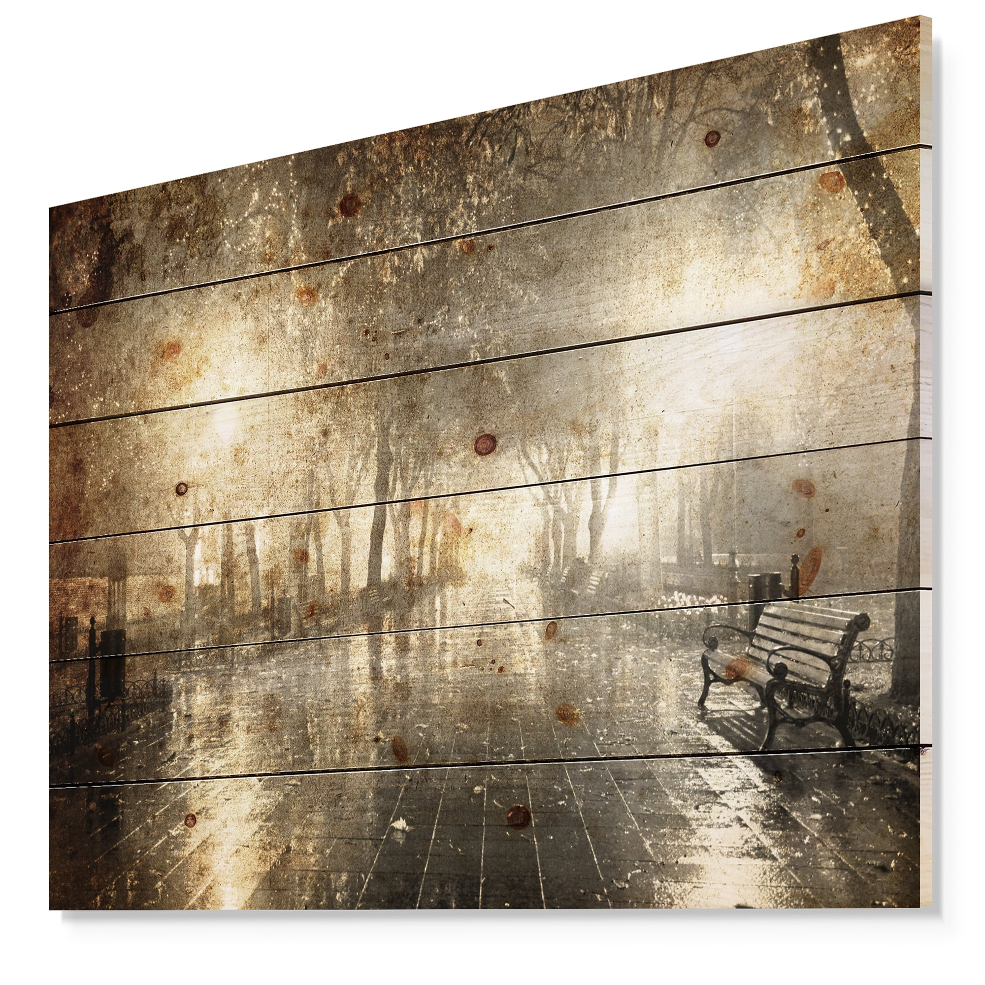 Designart Night Alley with Lights Landscape Print on Natural Pine Wood Photography, 20" x 12"