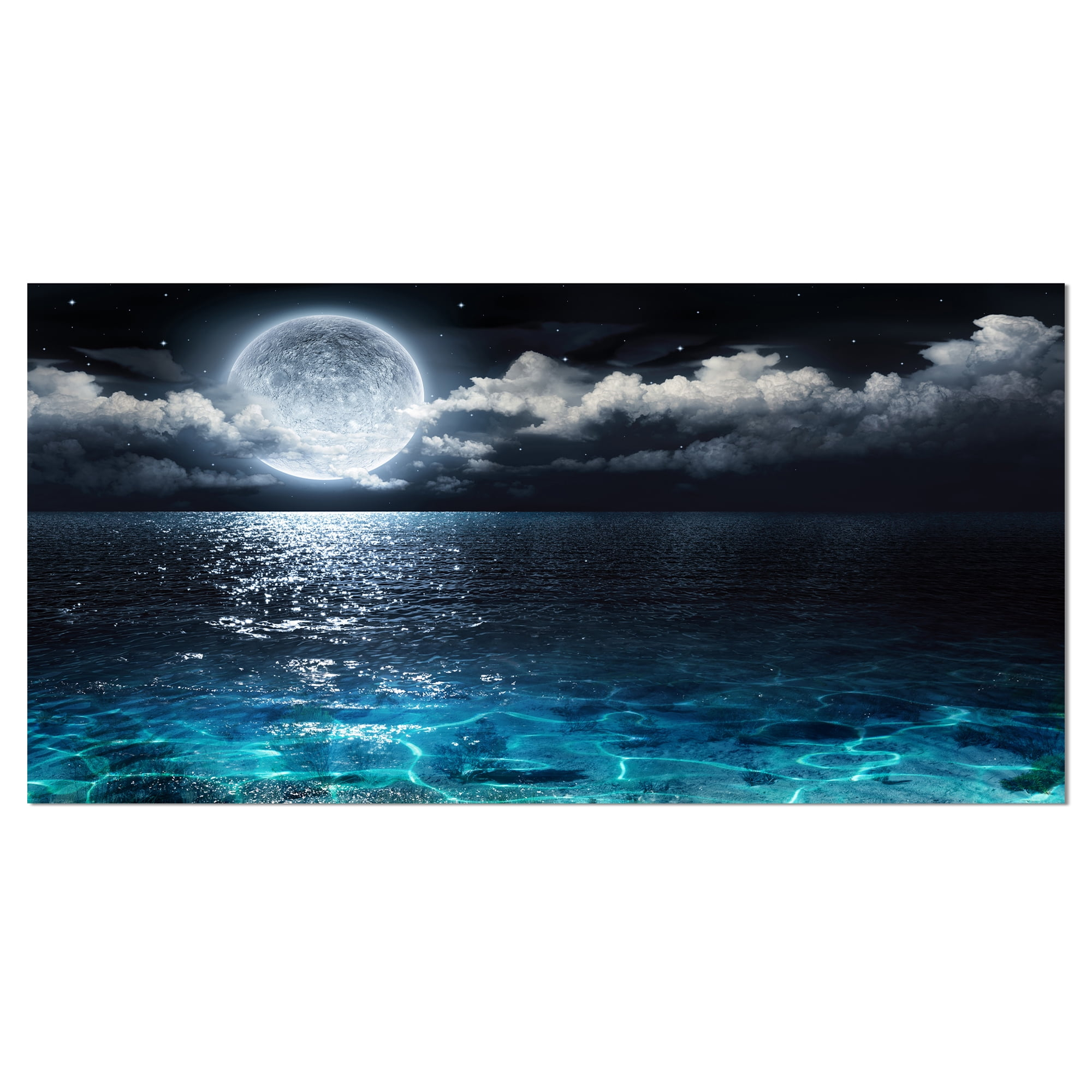 Designart 'Romantic Full Moon Over Sea ' Seascape Canvas Art Print