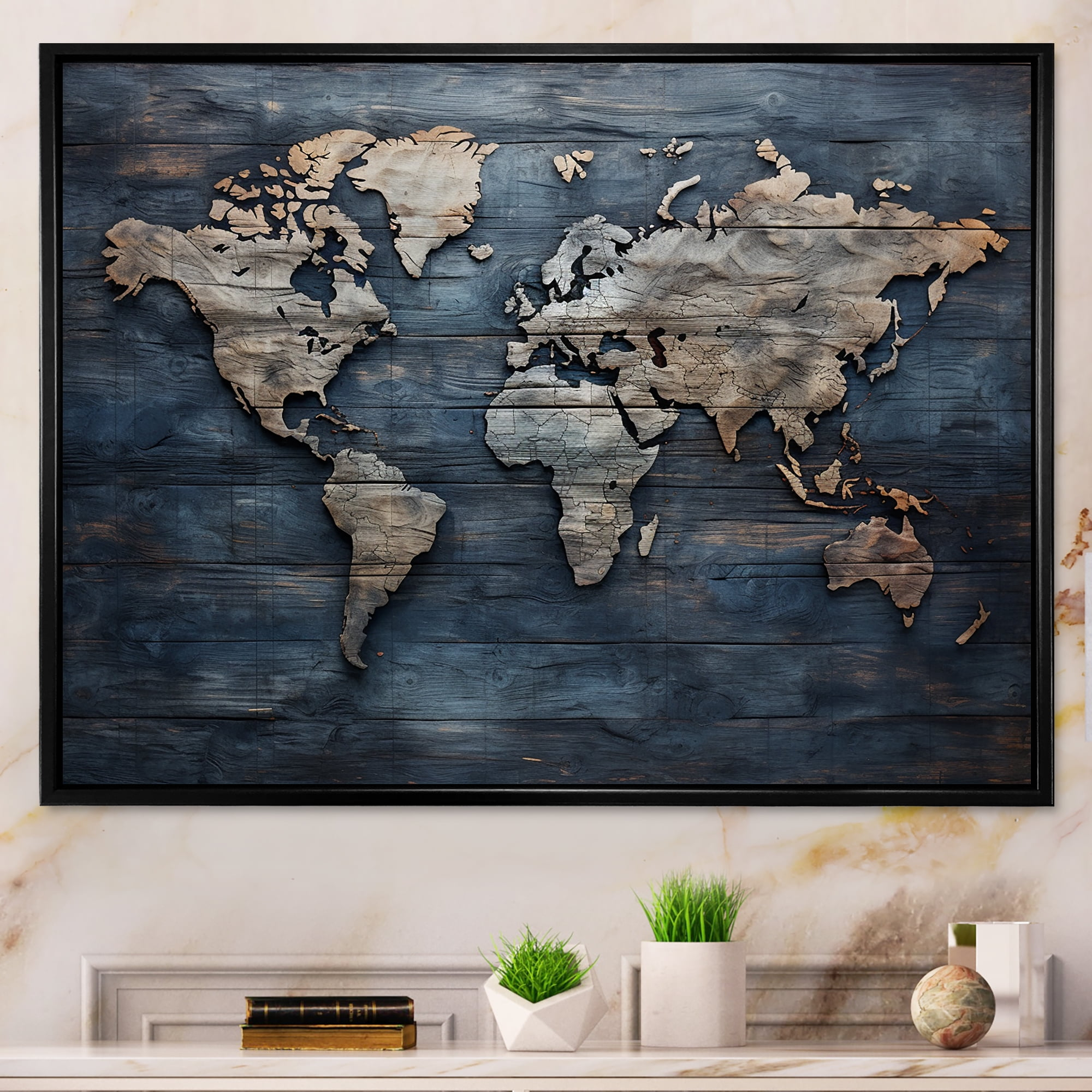 Designart "Rustic Pathways On The World Map II" World Map Floater Framed Canvas Wall Art