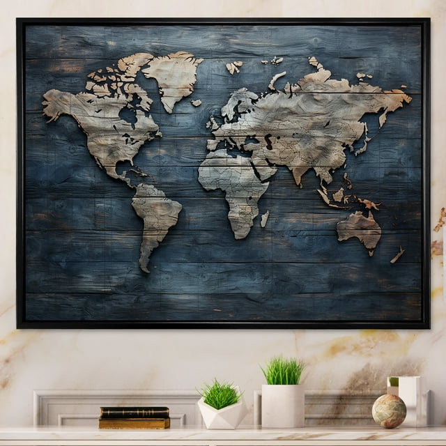 Designart "Rustic Pathways On The World Map II" World Map Floater Framed Canvas Wall Art