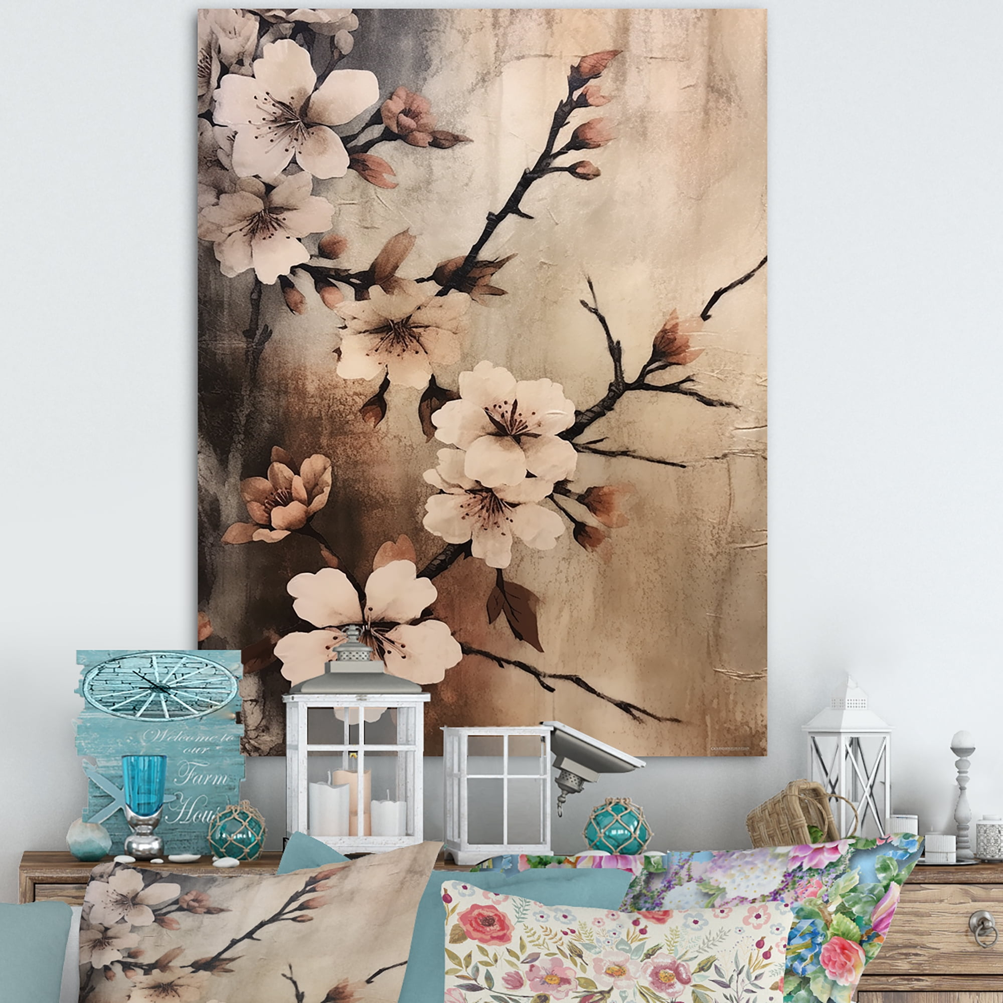 Designart "Somber Brown Cherry Blossoms Isolation" Cherry Canvas Wall Art