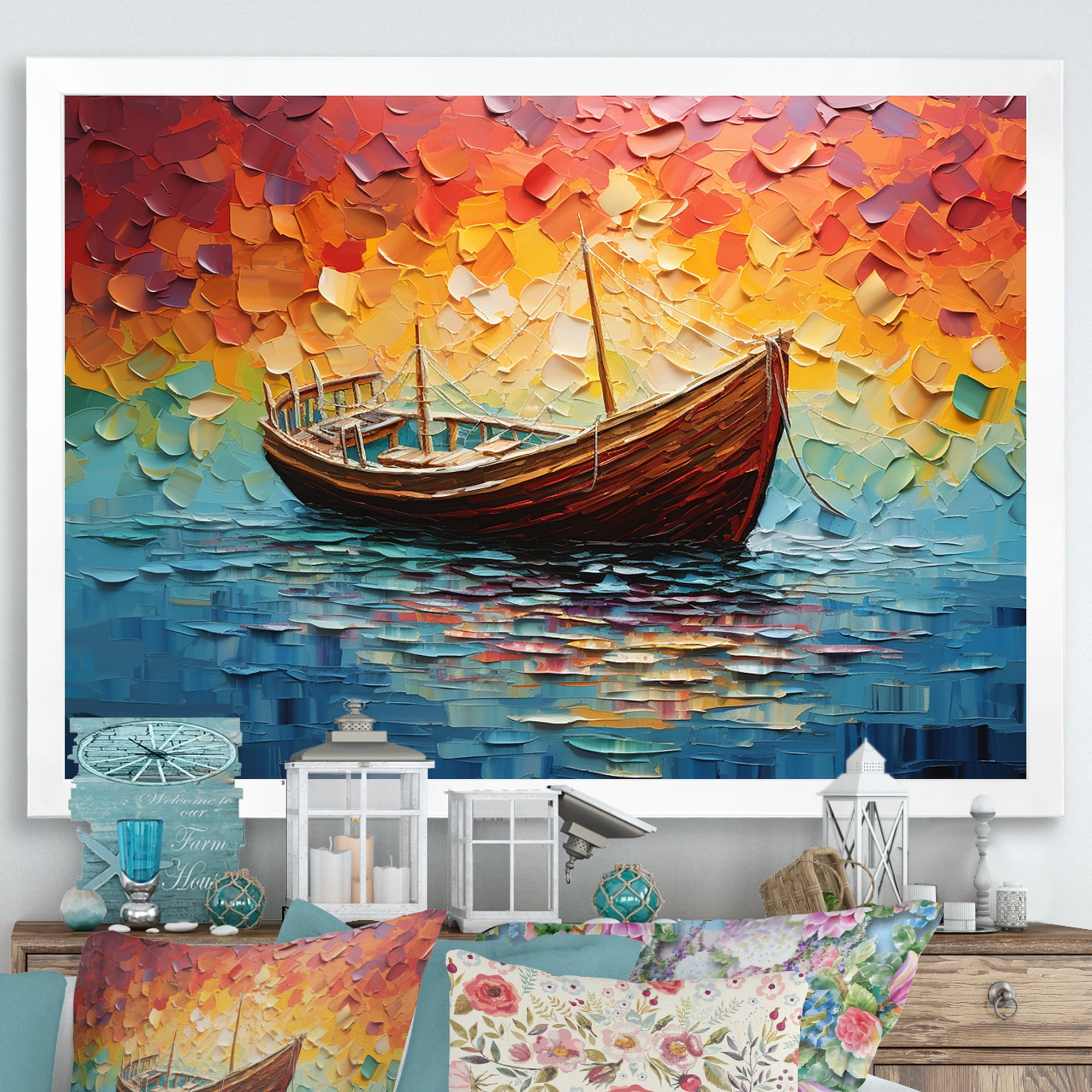 Designart "Sunset Sails Orange Sailing Boat II" Transportation Framed Wall Art Decor - Modern Yellow Boat Fishing Hallway Framed Wall Art Decor