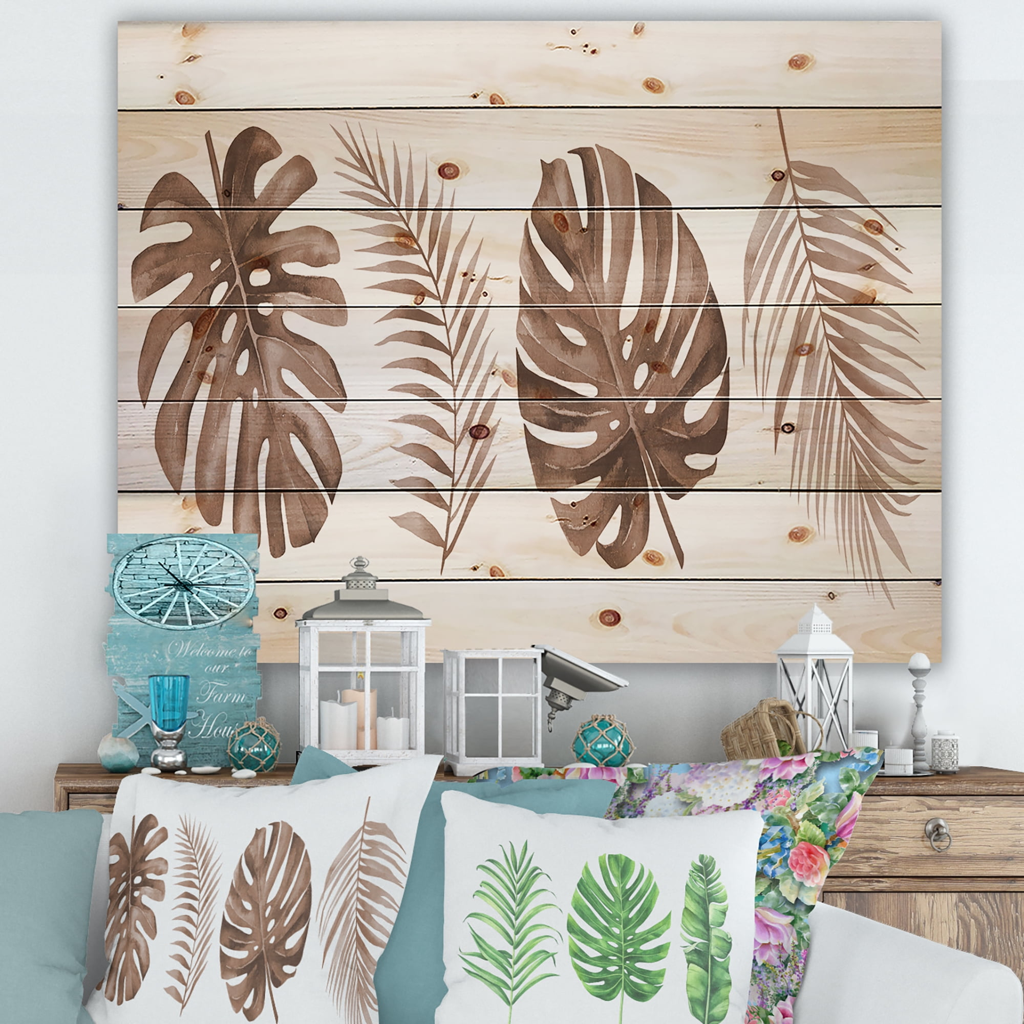 Designart 'Tropical Palm and Monstera Leaf In Terracotta' Traditional Print on Natural Pine Wood
