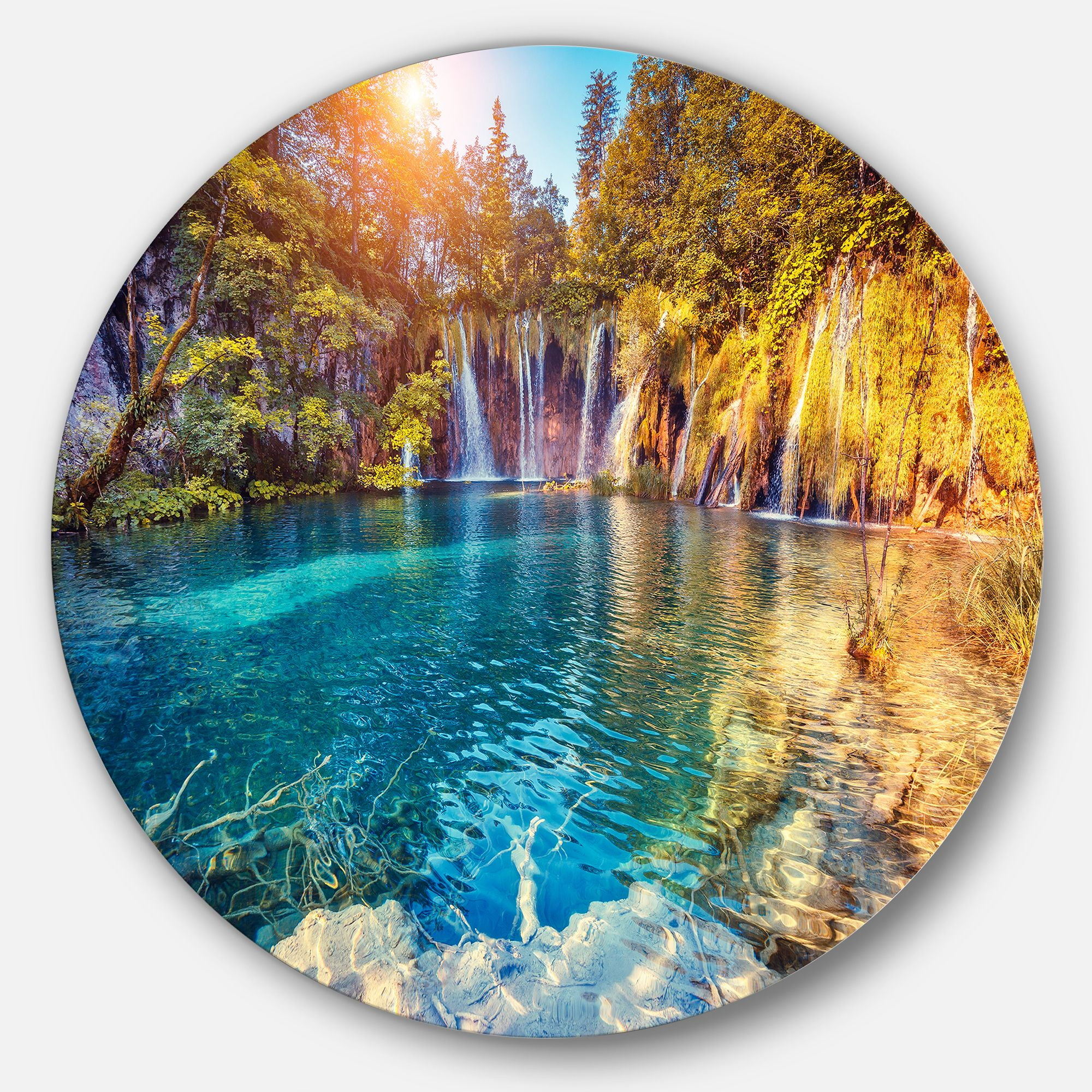 Designart 'Turquoise Water and Sunny Beams' Landscape Photography Circle Metal Wall Art