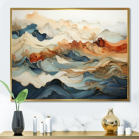 Designart "Vibrant River Ink Fusion III" Abstract Marble Floater Framed Canvas Wall Art